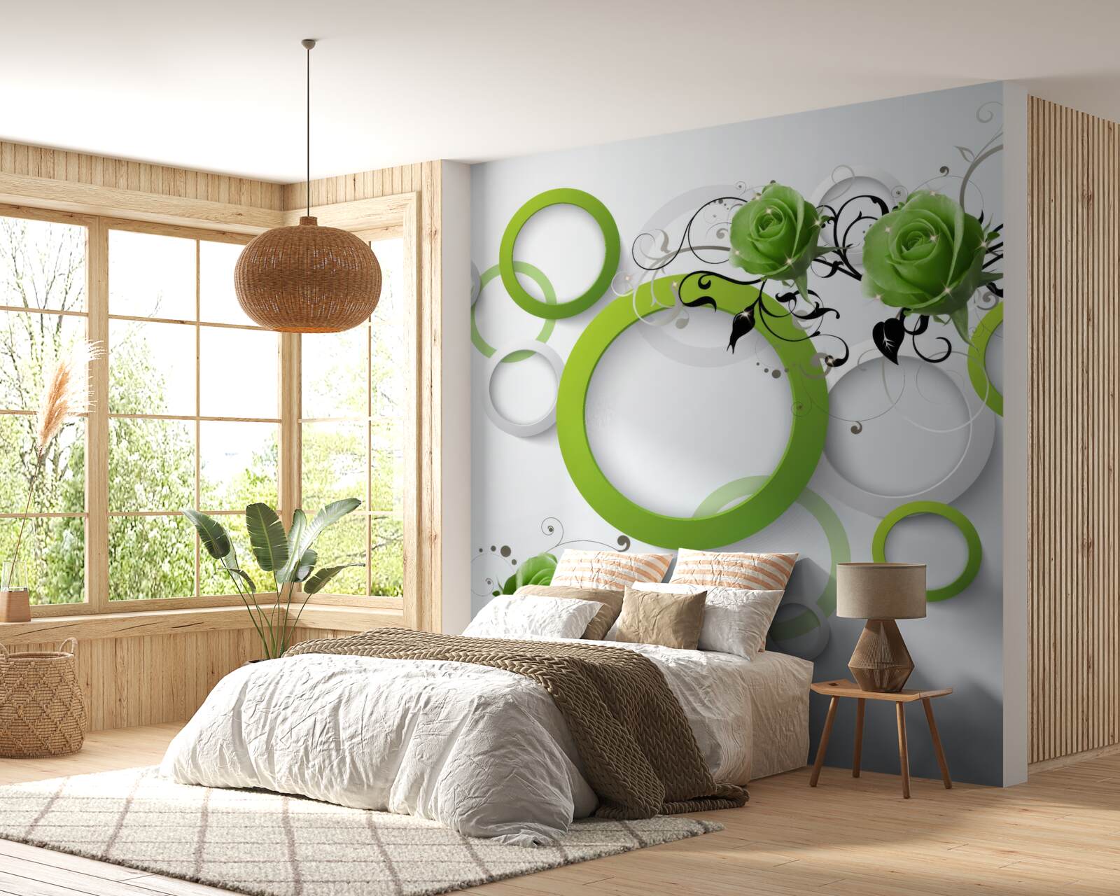 Фотошпалери зелені кола та троянди