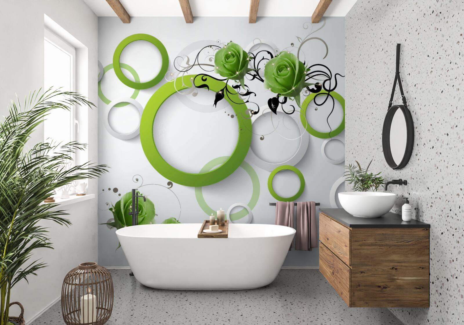 Фотошпалери зелені кола та троянди