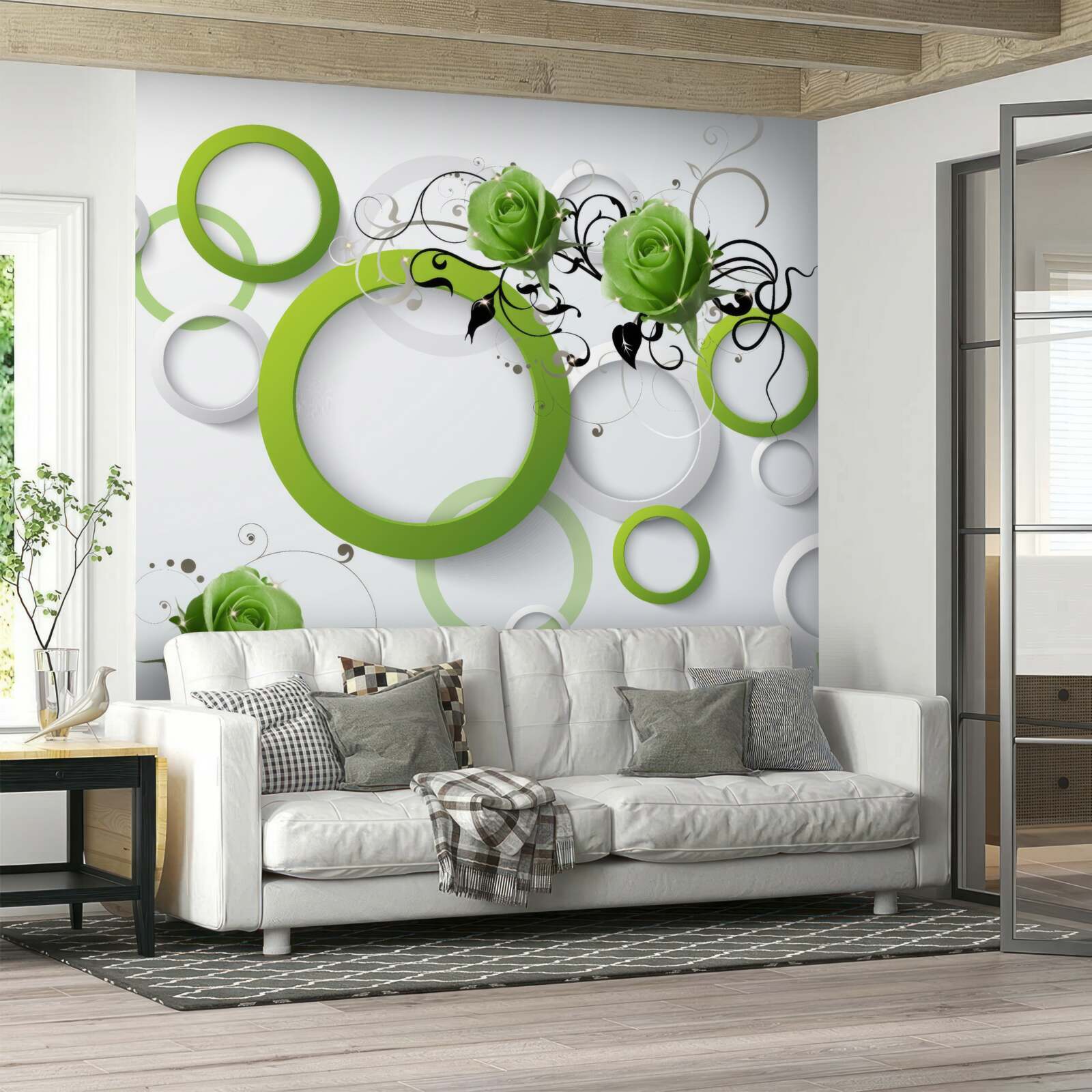 Фотошпалери зелені кола та троянди