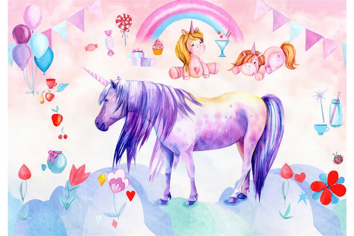 Фотошпалери єдинороги в оточенні веселки, квітів та подарунків