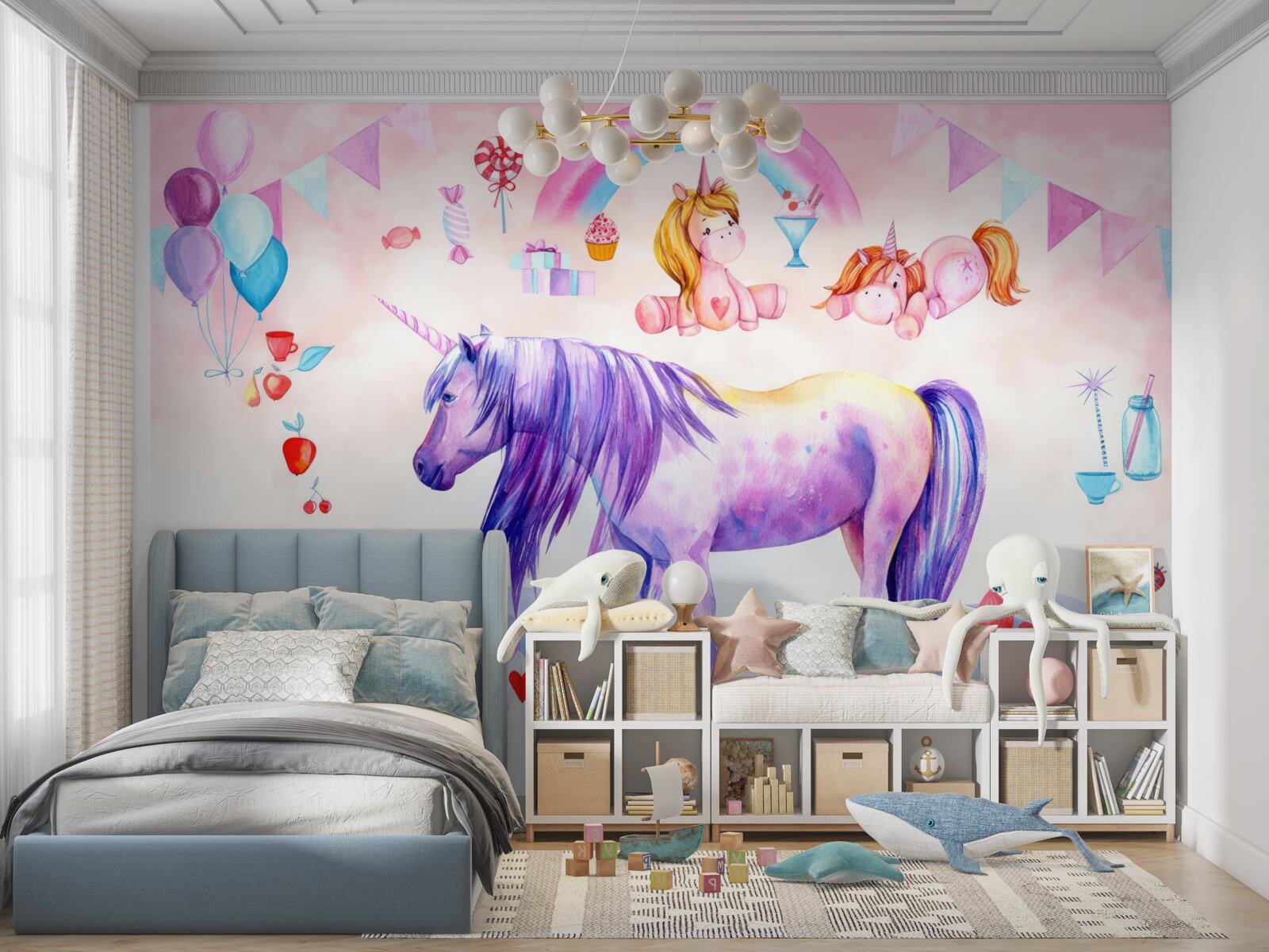 Фотошпалери єдинороги в оточенні веселки, квітів та подарунків