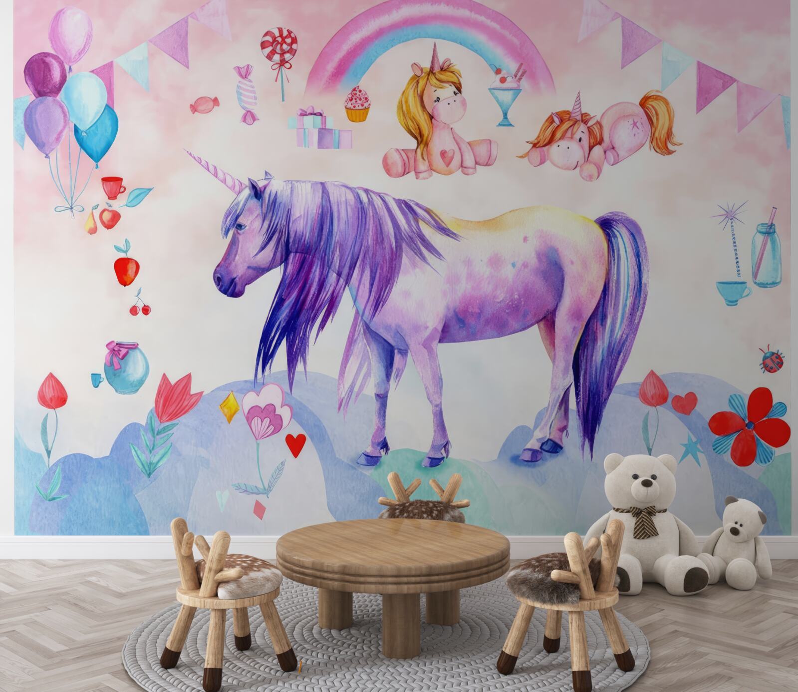Фотошпалери єдинороги в оточенні веселки, квітів та подарунків