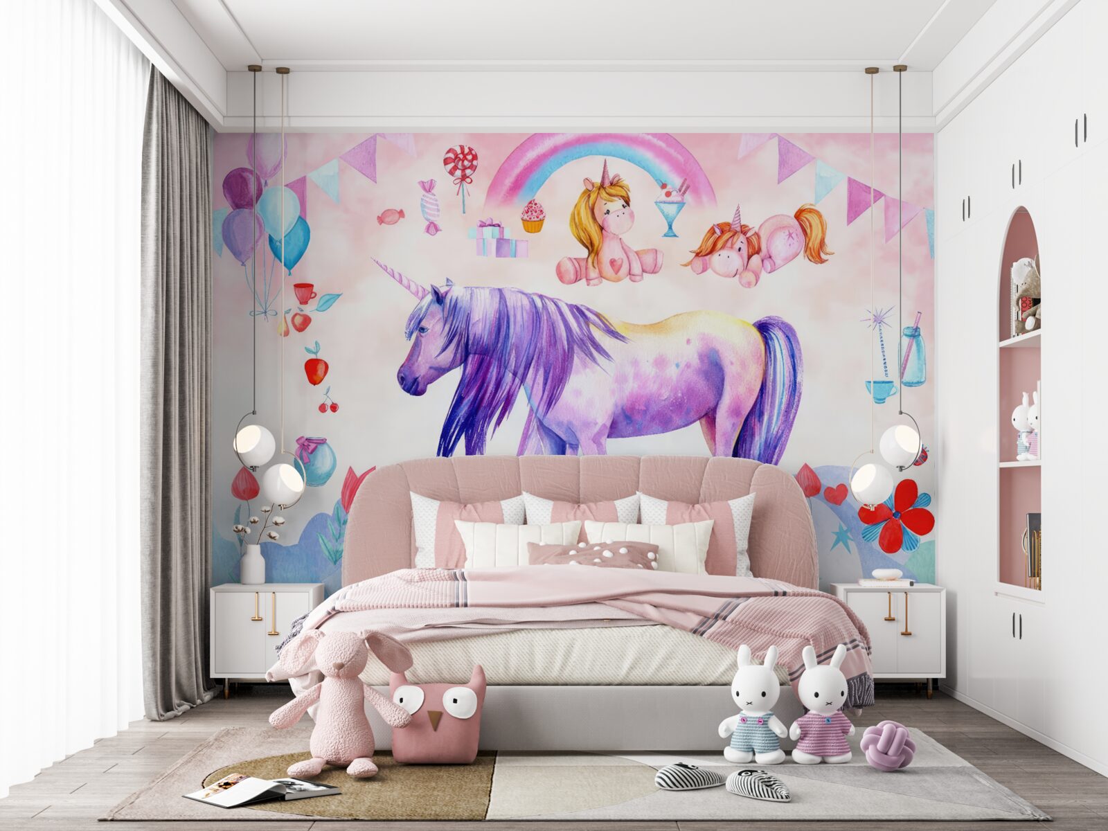 Фотошпалери єдинороги в оточенні веселки, квітів та подарунків