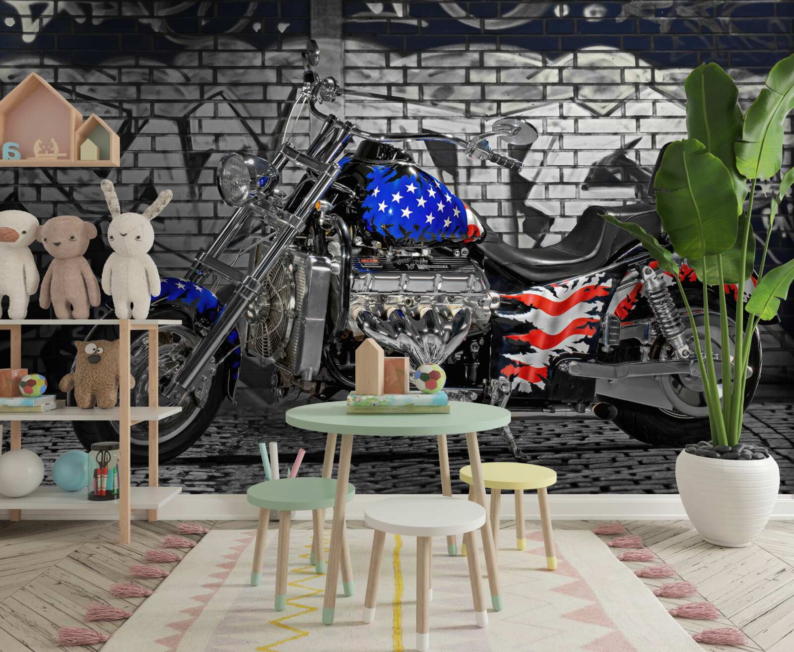 Фотошпалери мотоцикл біля розмальованої стіни