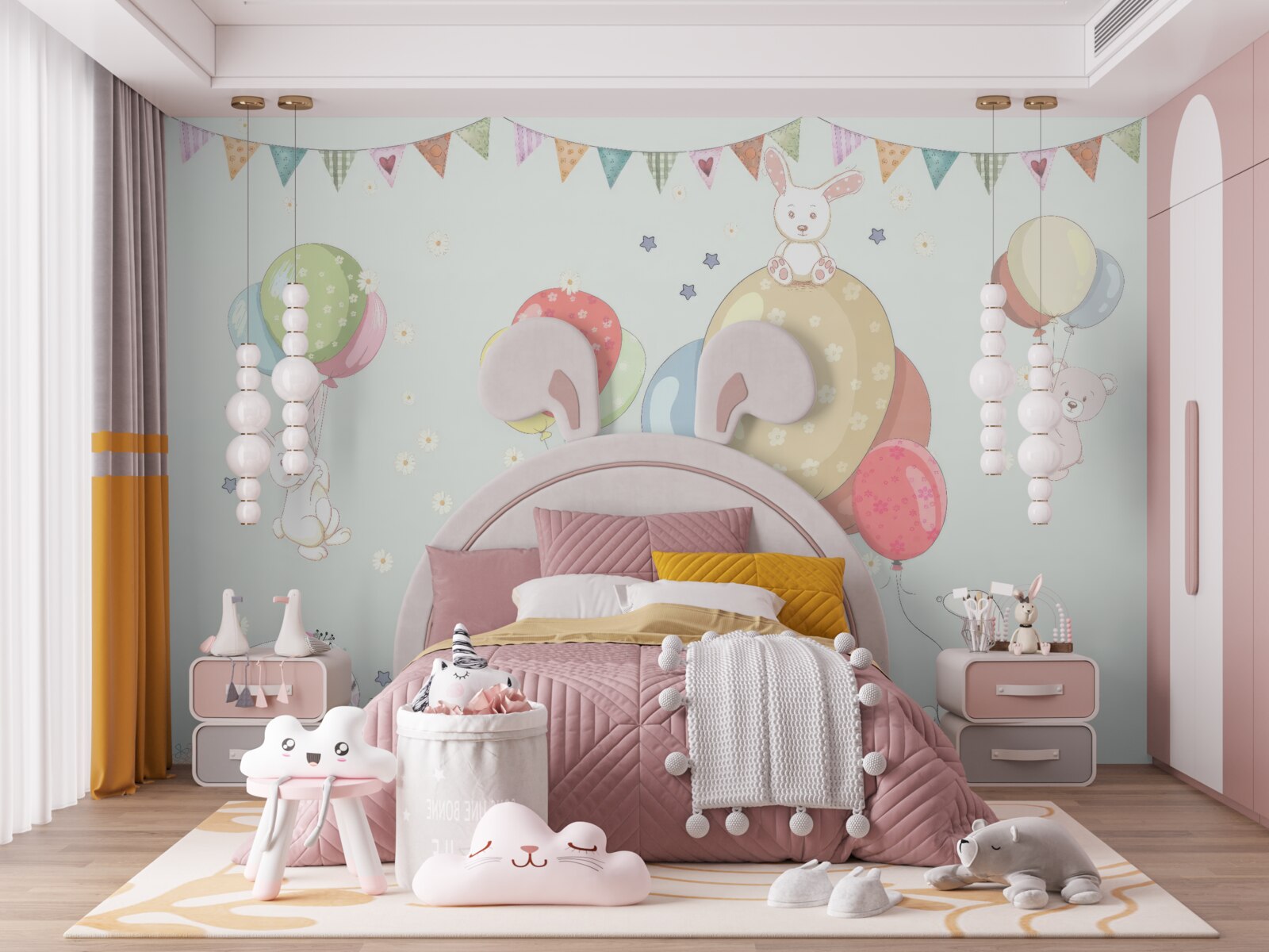 Фотошпалери кролики та ведмеді з повітряними кульками