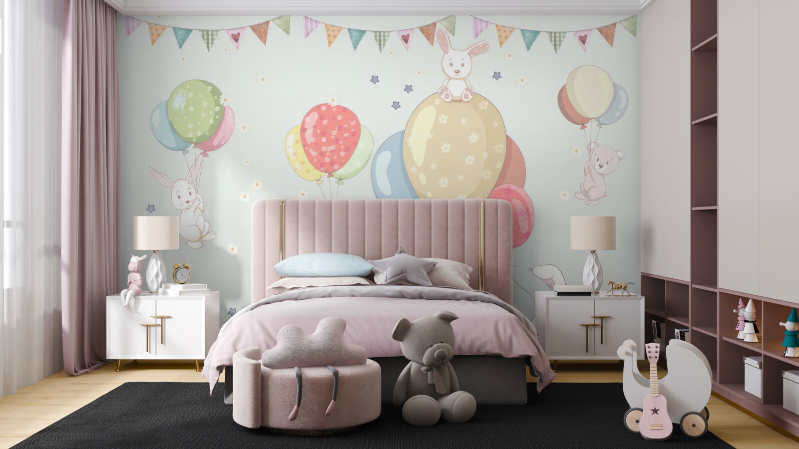 Фотошпалери кролики та ведмеді з повітряними кульками