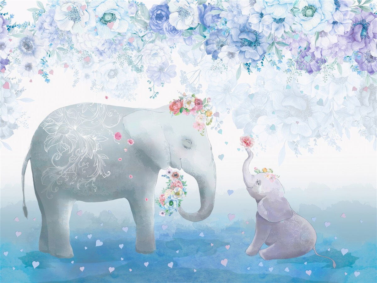 Фотошпалери слон з дитиною серед квітів