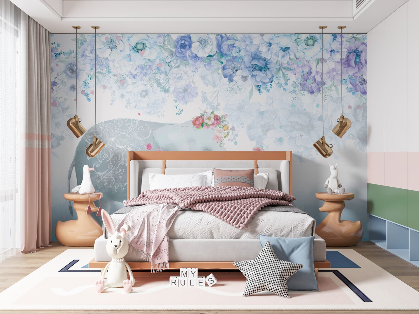 Фотошпалери слон з дитиною серед квітів