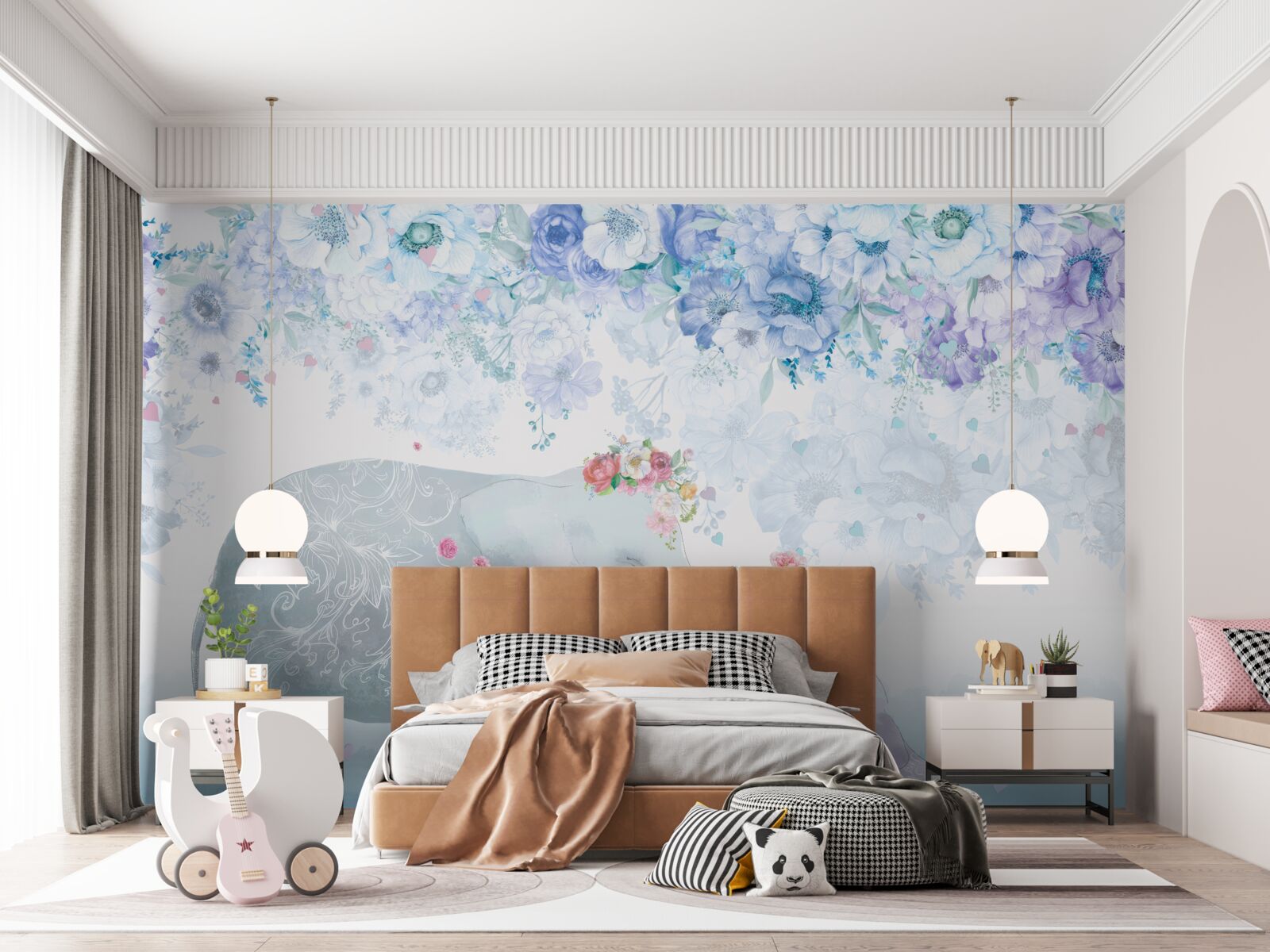 Фотошпалери слон з дитиною серед квітів