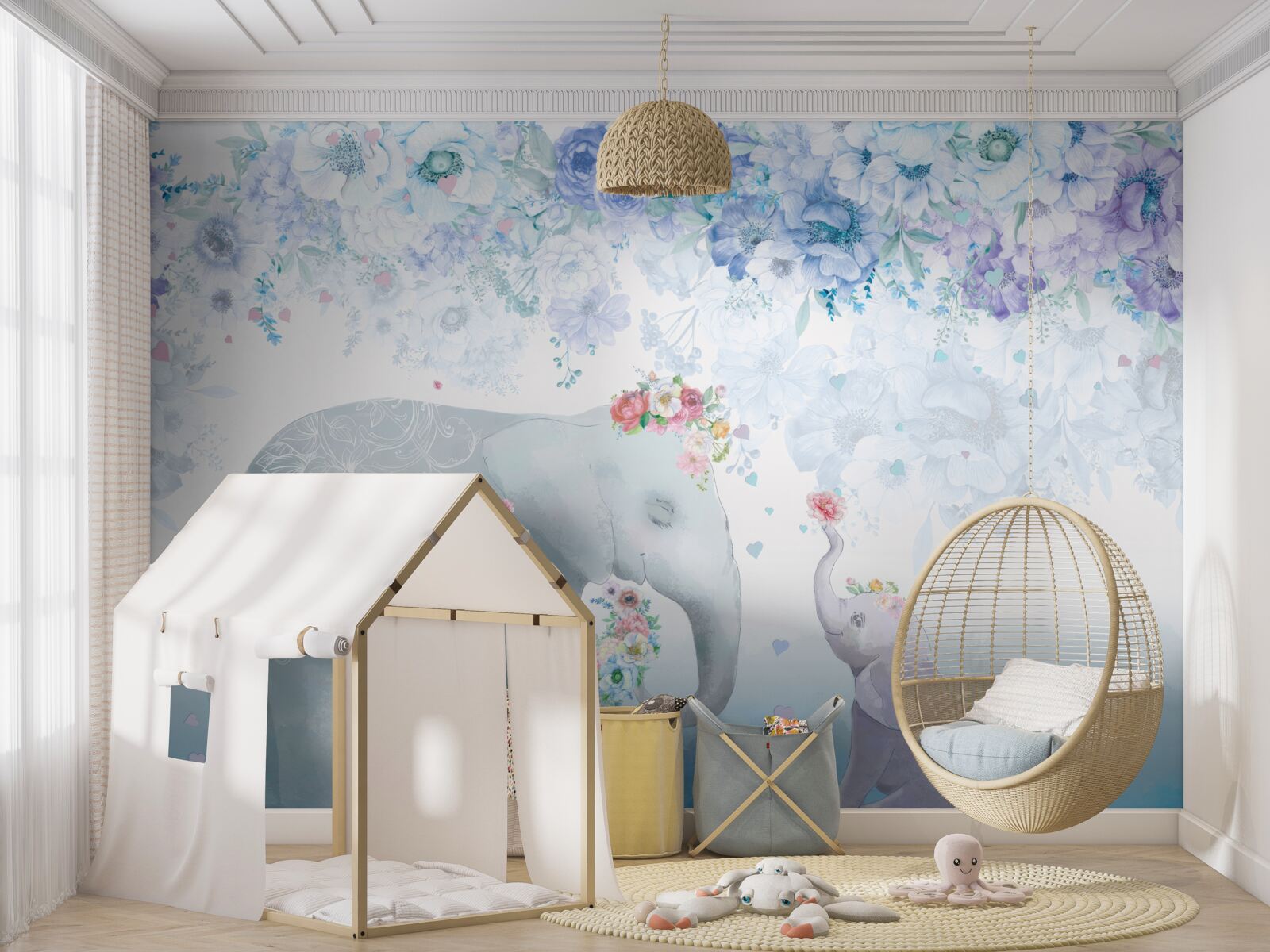 Фотошпалери слон з дитиною серед квітів