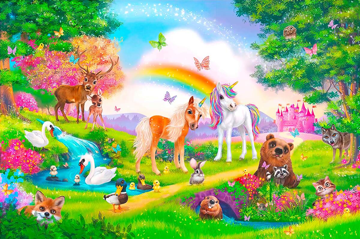 Фотошпалери лісову галявину населяють єдинороги, звірі, птахи та метелики