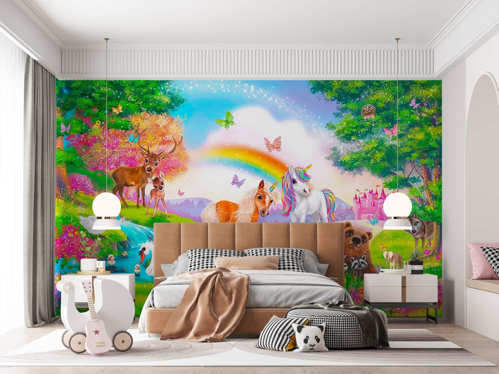 Фотошпалери лісову галявину населяють єдинороги, звірі, птахи та метелики