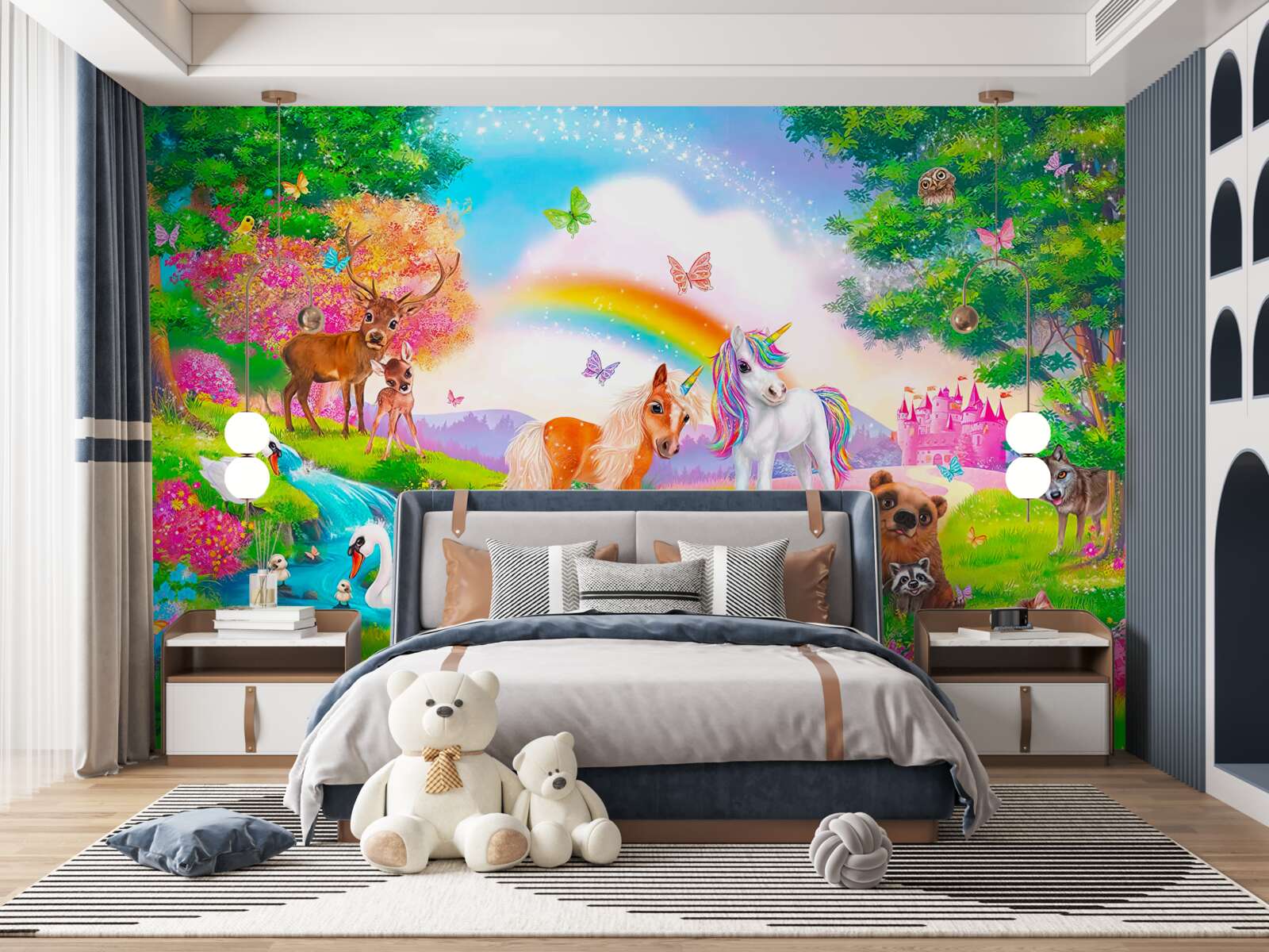 Фотошпалери лісову галявину населяють єдинороги, звірі, птахи та метелики