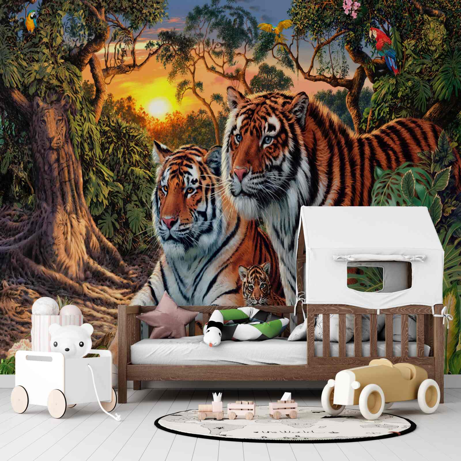 Фотошпалери сім'я тигрів у лісах