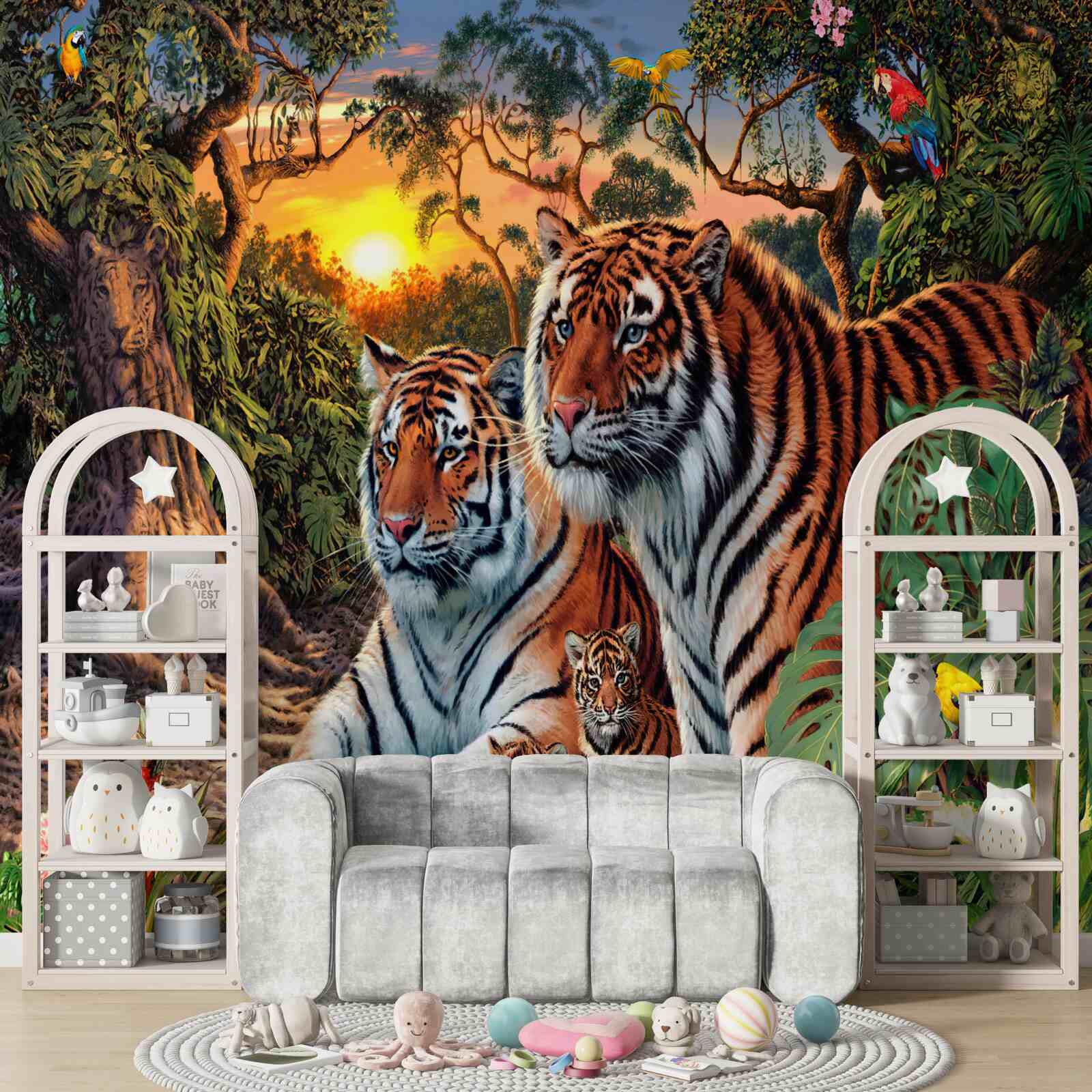 Фотошпалери сім'я тигрів у лісах