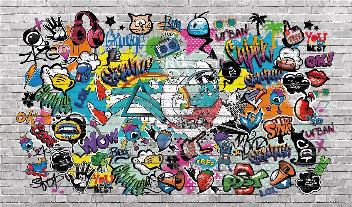Фотошпалери Цегляна стіна, прикрашена яскравим графіті