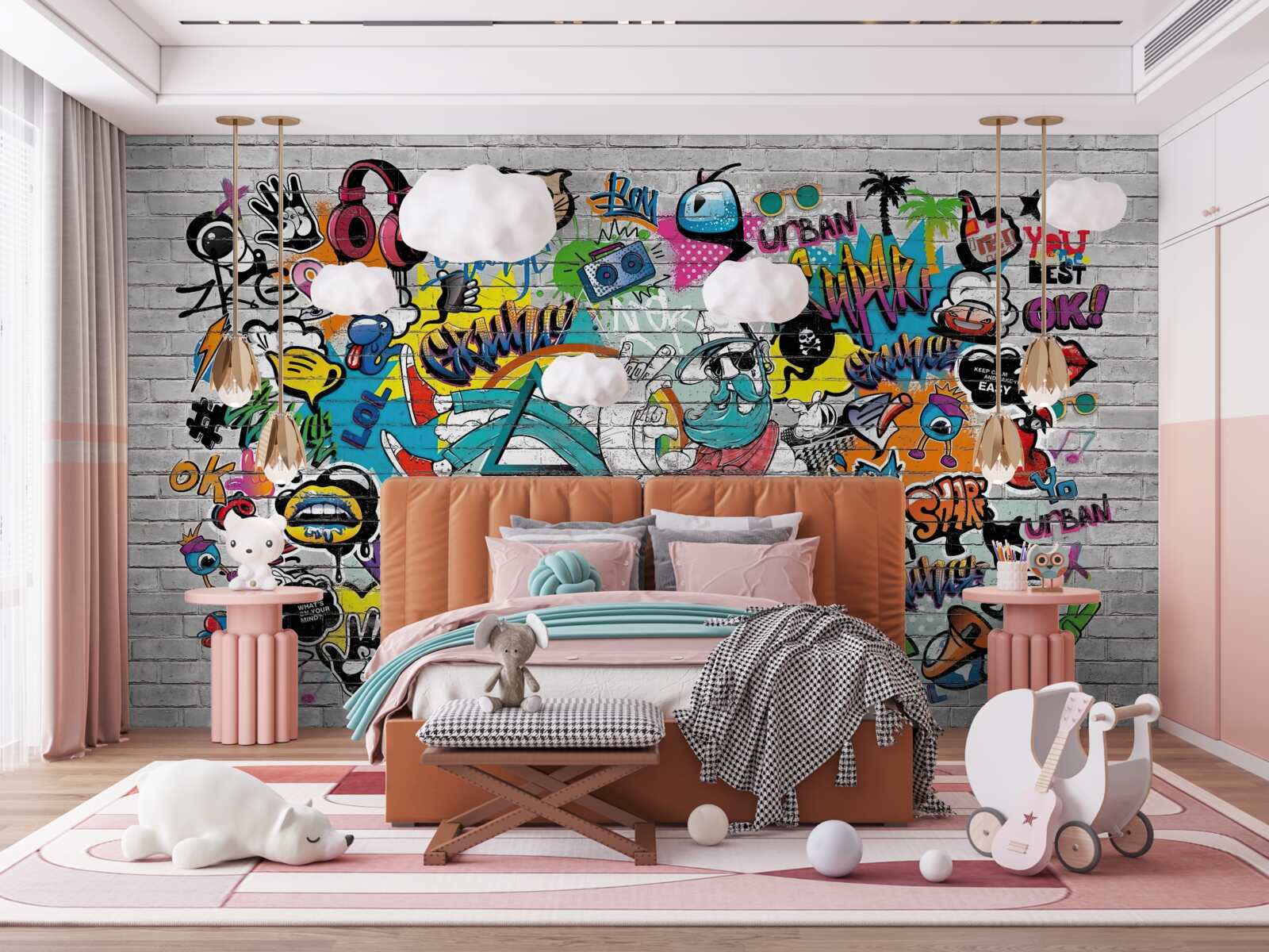 Фотошпалери Цегляна стіна, прикрашена яскравим графіті