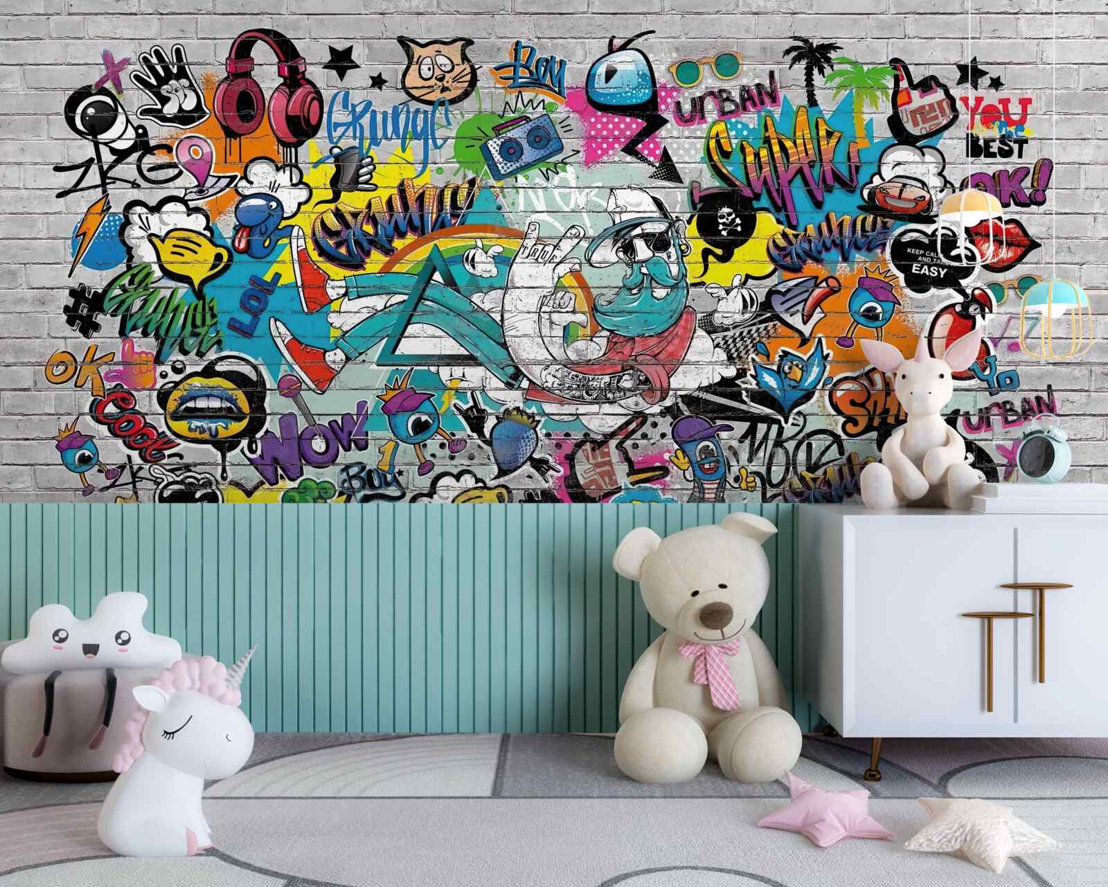 Фотошпалери Цегляна стіна, прикрашена яскравим графіті