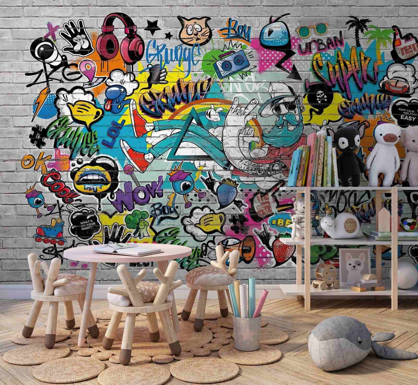 Фотошпалери Цегляна стіна, прикрашена яскравим графіті