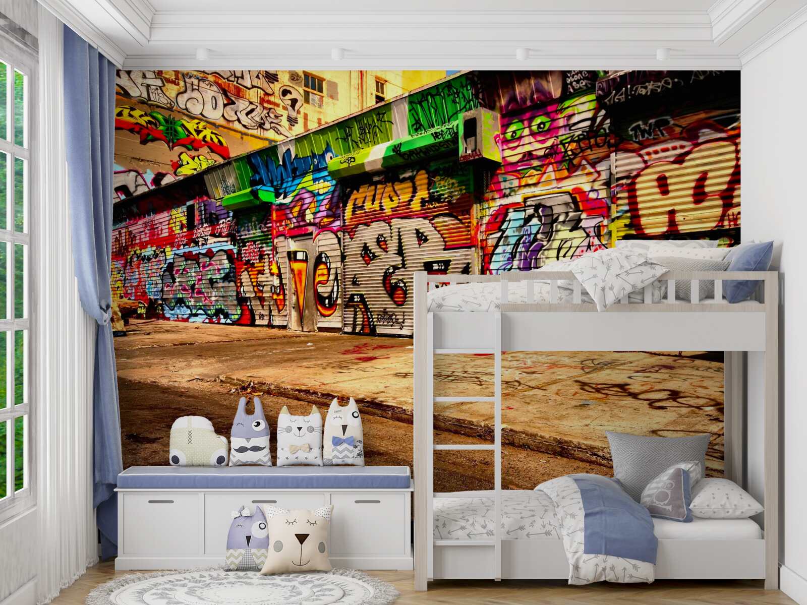 Фотошпалери будівлі вздовж вулиці прикрашені графіті