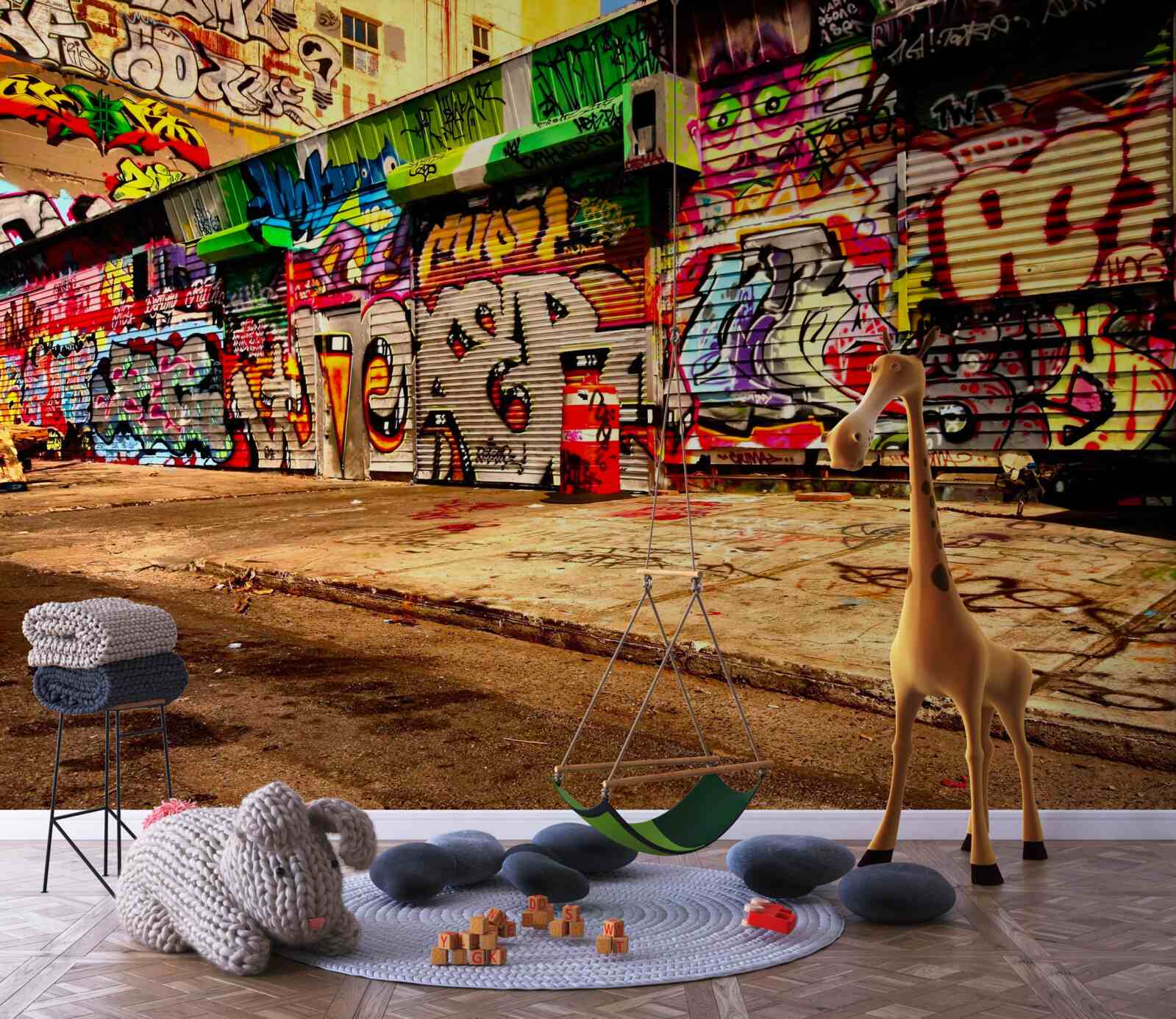 Фотошпалери будівлі вздовж вулиці прикрашені графіті