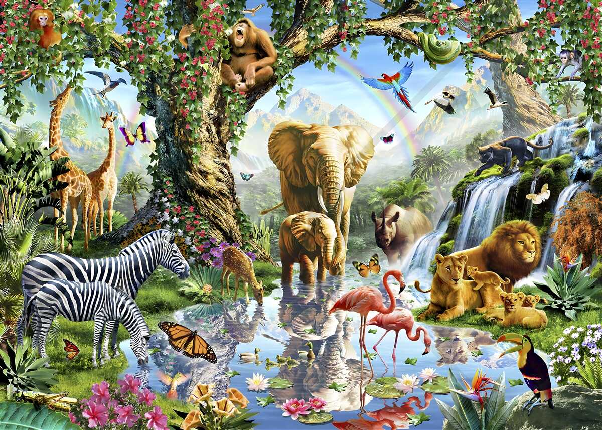 Фотошпалери різні тварини та птахи в лісі біля ставка