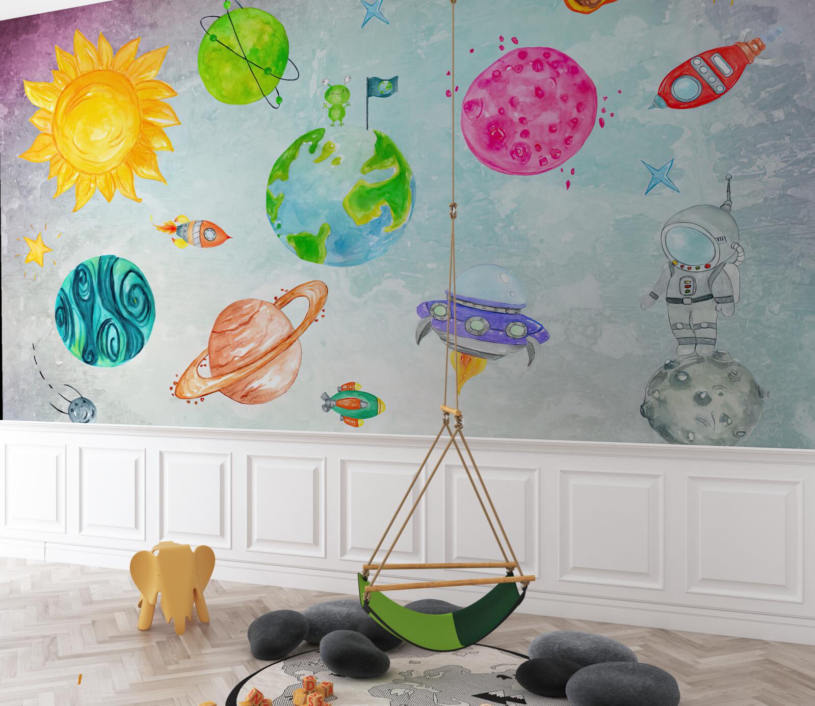 Фотошпалери зображені планети та астронавт на поверхні Місяця