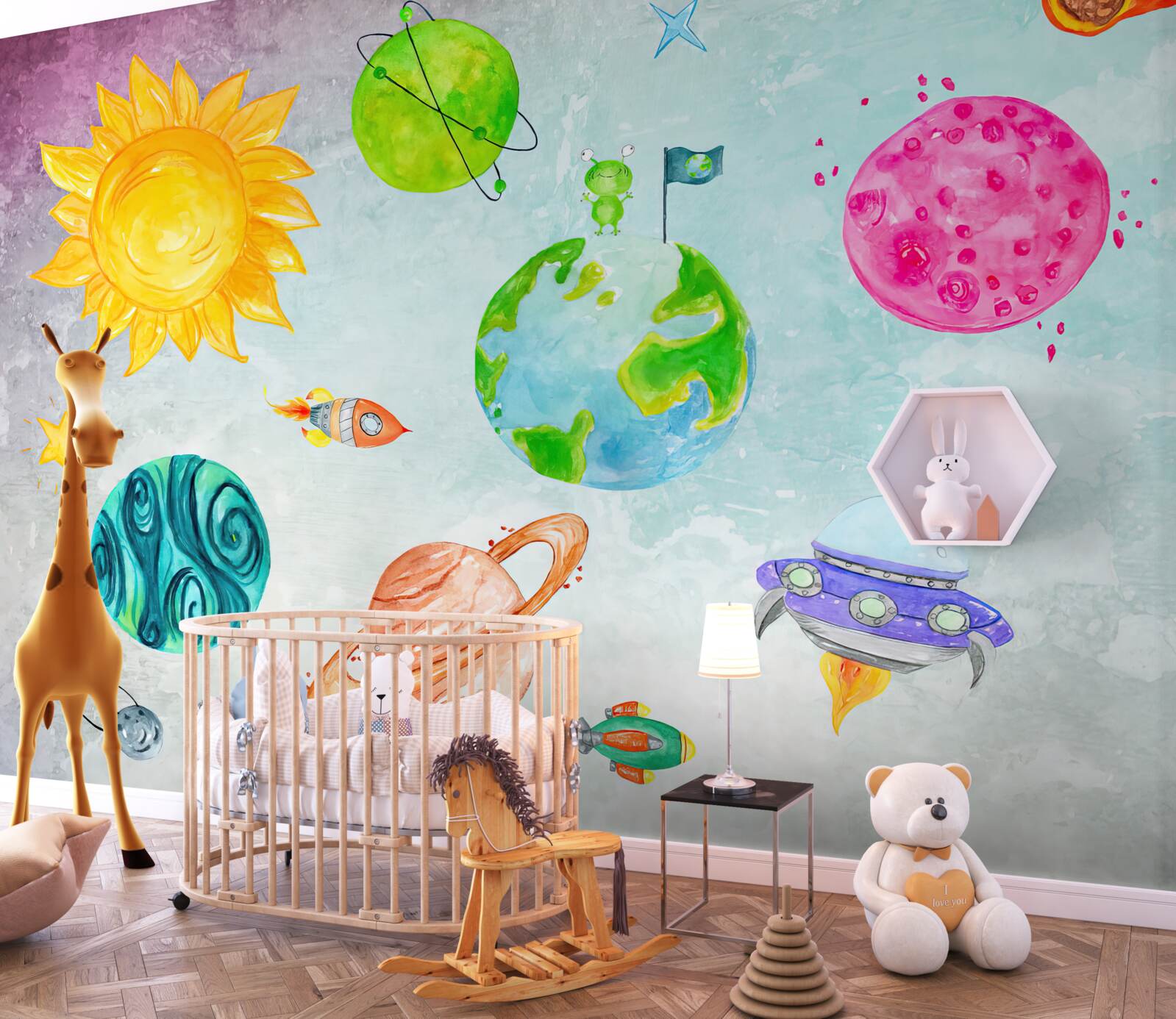 Фотошпалери зображені планети та астронавт на поверхні Місяця