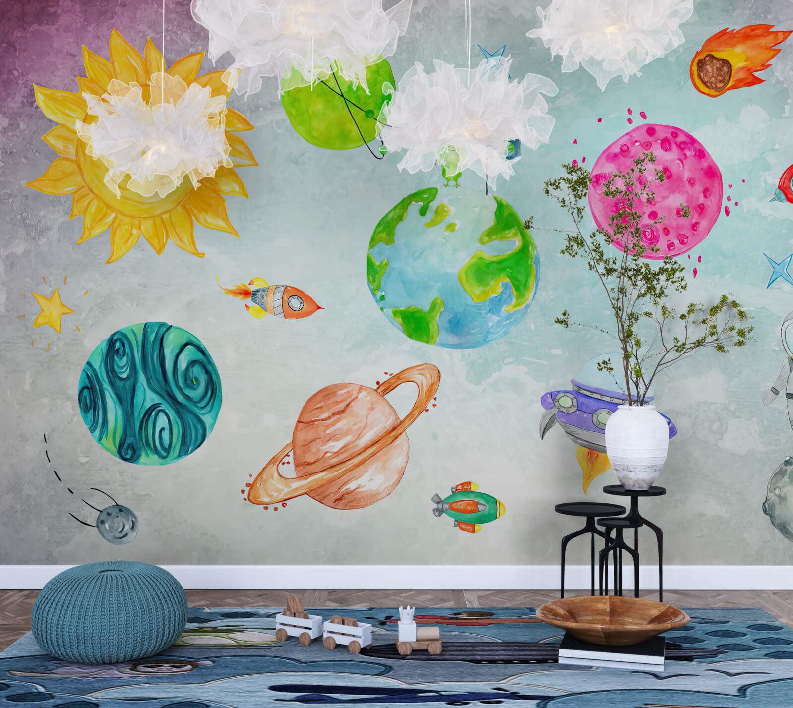 Фотошпалери зображені планети та астронавт на поверхні Місяця