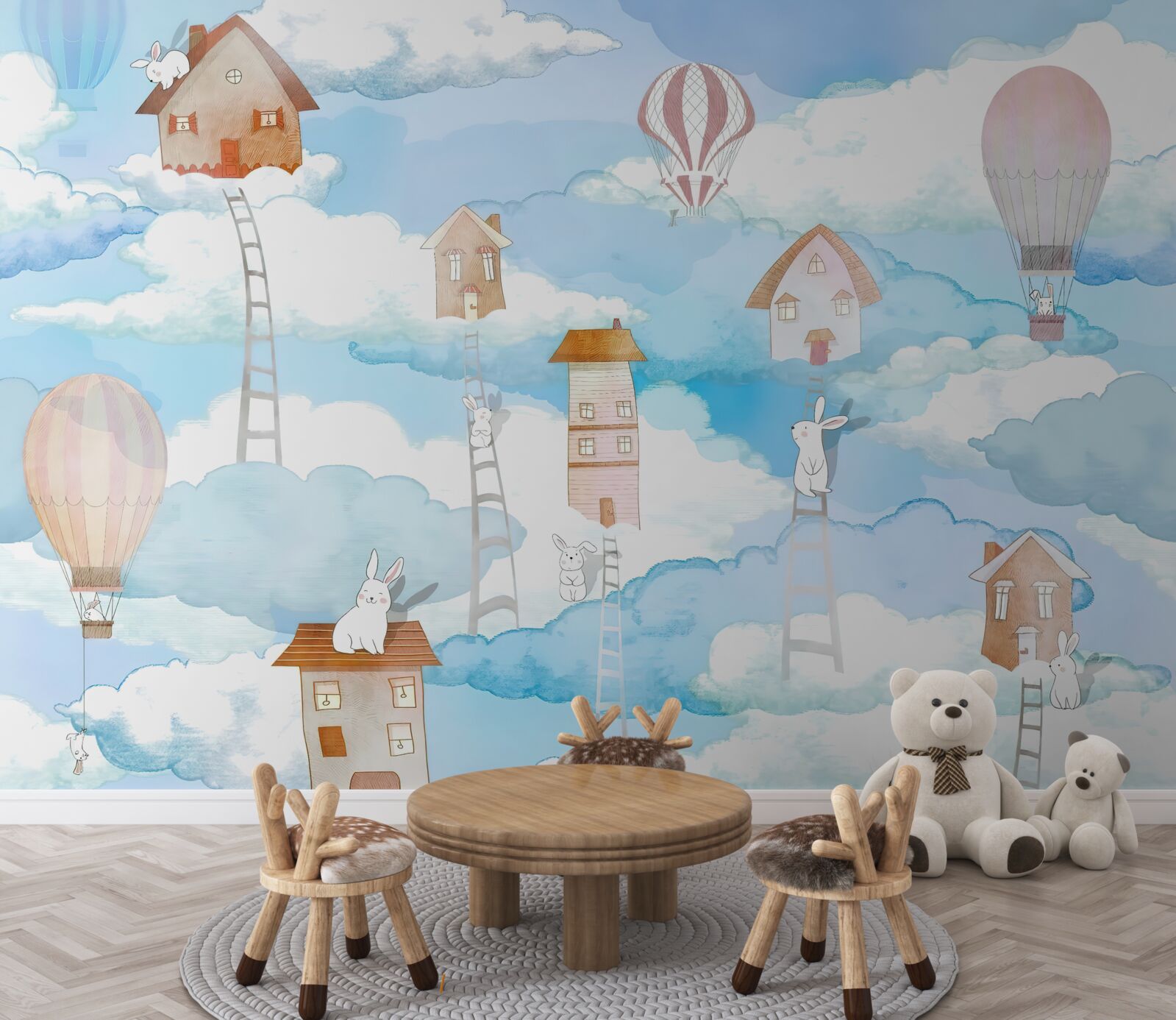 Фотошпалери кролики на дахах будівель і сходах