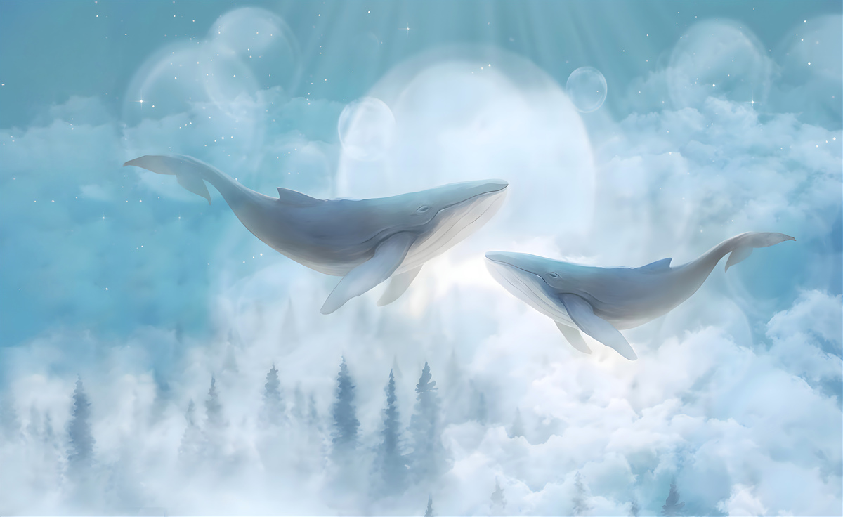 Фотошпалери кити ковзають над туманним лісом