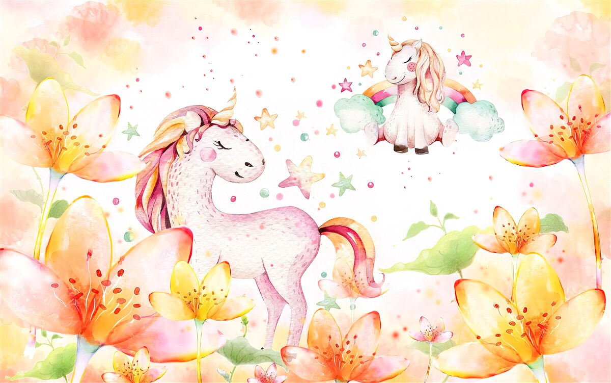 Фотошпалери квіти навколо єдинорогів із заплющеними очима