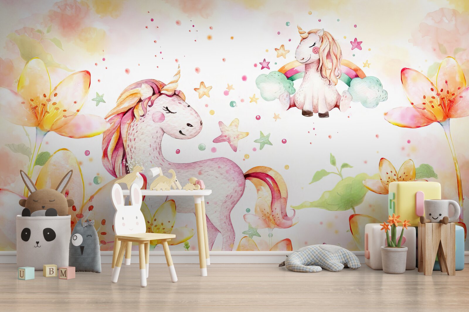 Фотошпалери квіти навколо єдинорогів із заплющеними очима