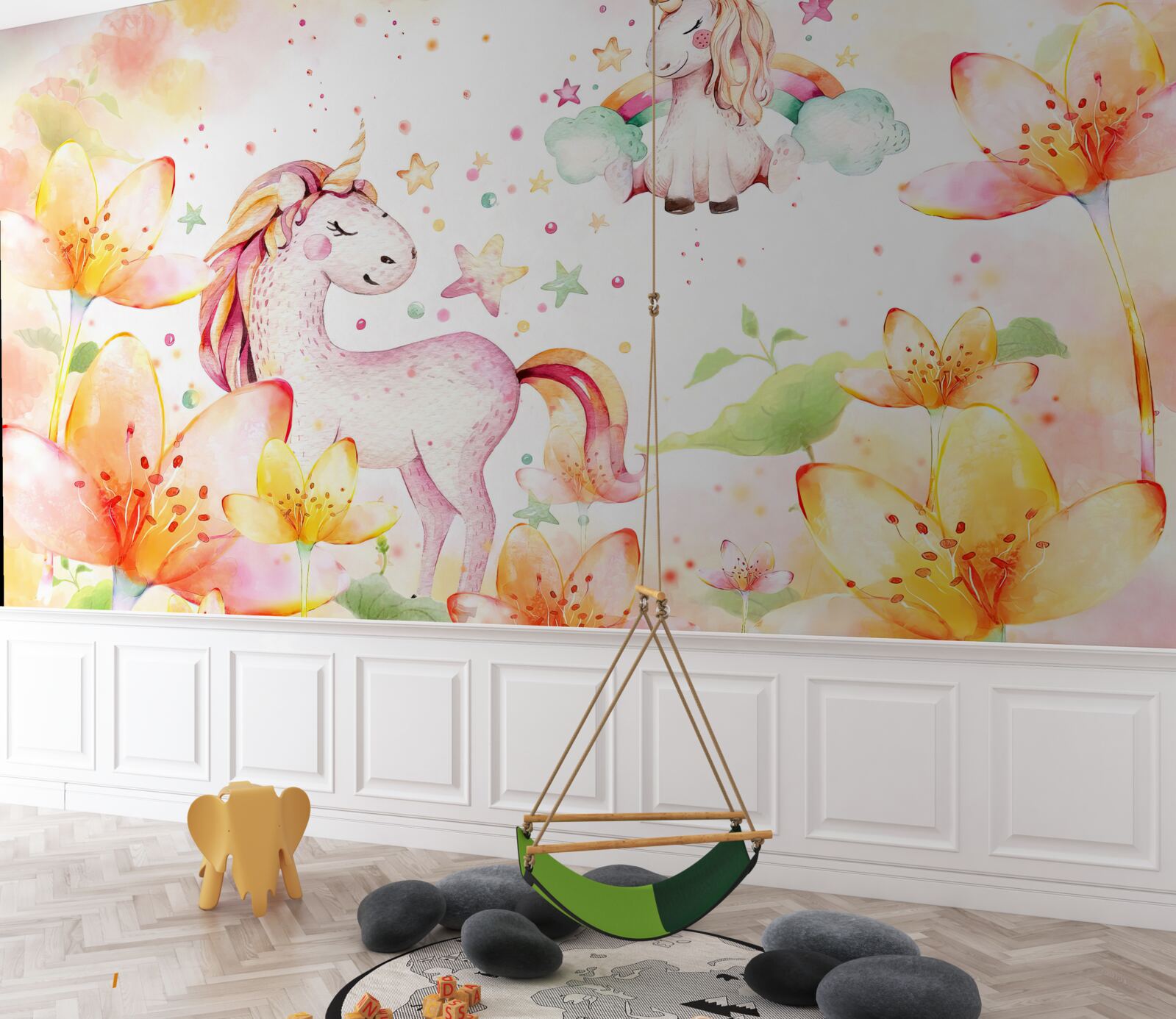 Фотошпалери квіти навколо єдинорогів із заплющеними очима