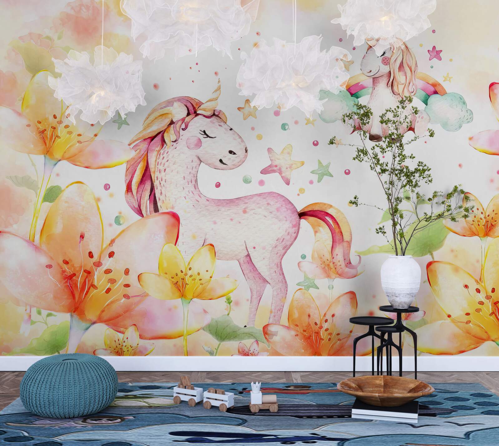 Фотошпалери квіти навколо єдинорогів із заплющеними очима