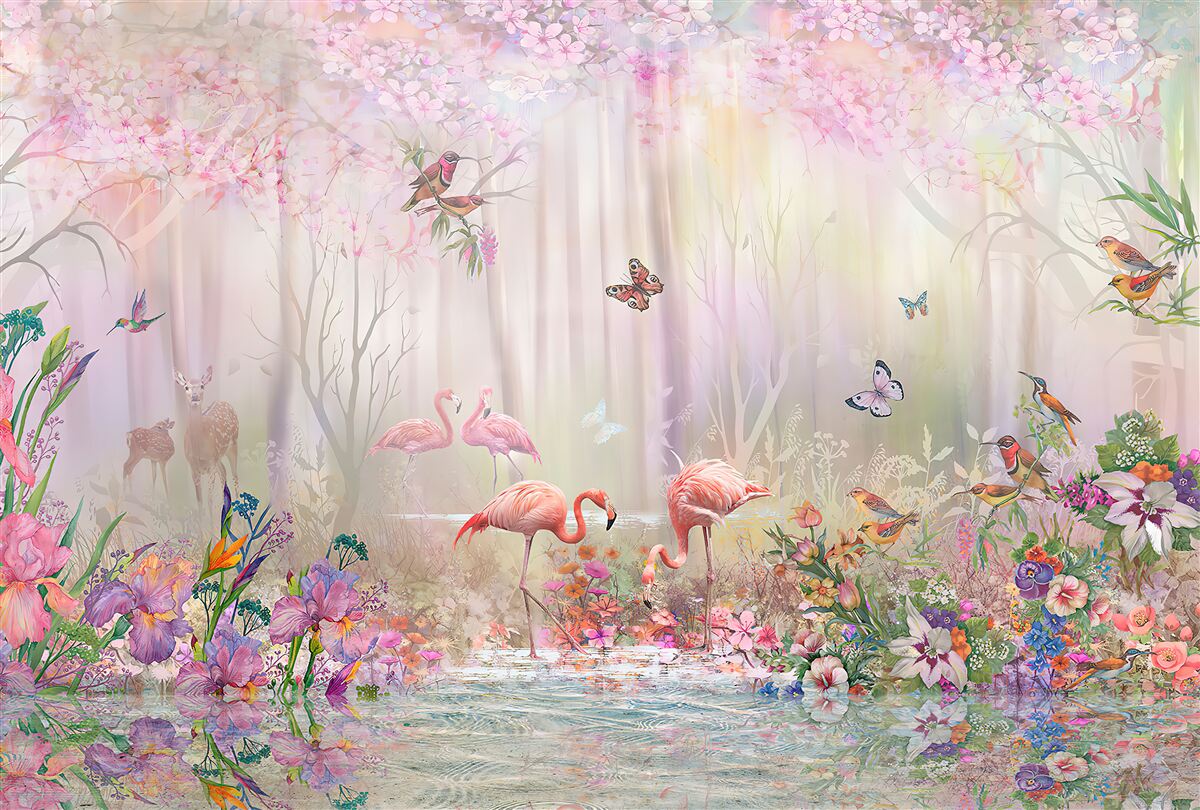 Фотошпалери фламінго та інші птахи в туманному лісі