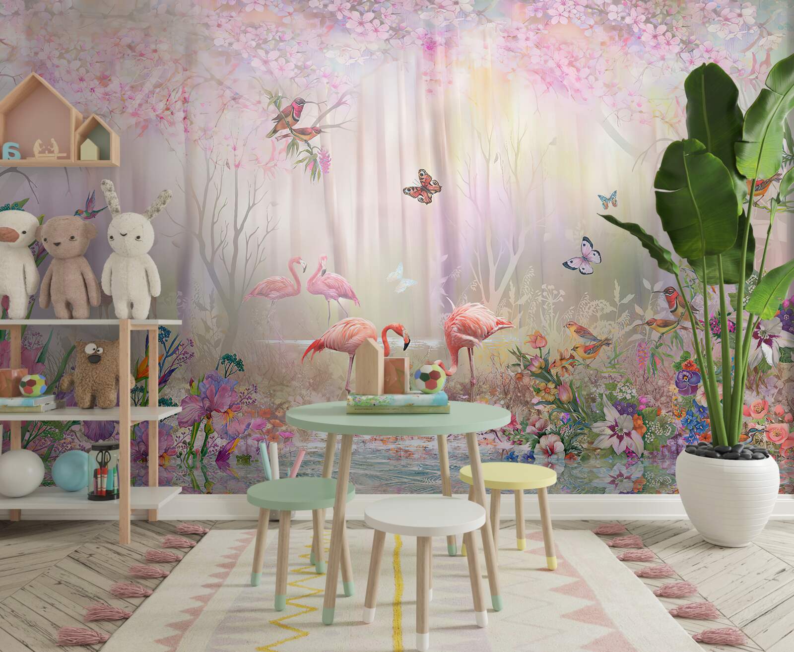 Фотошпалери фламінго та інші птахи в туманному лісі