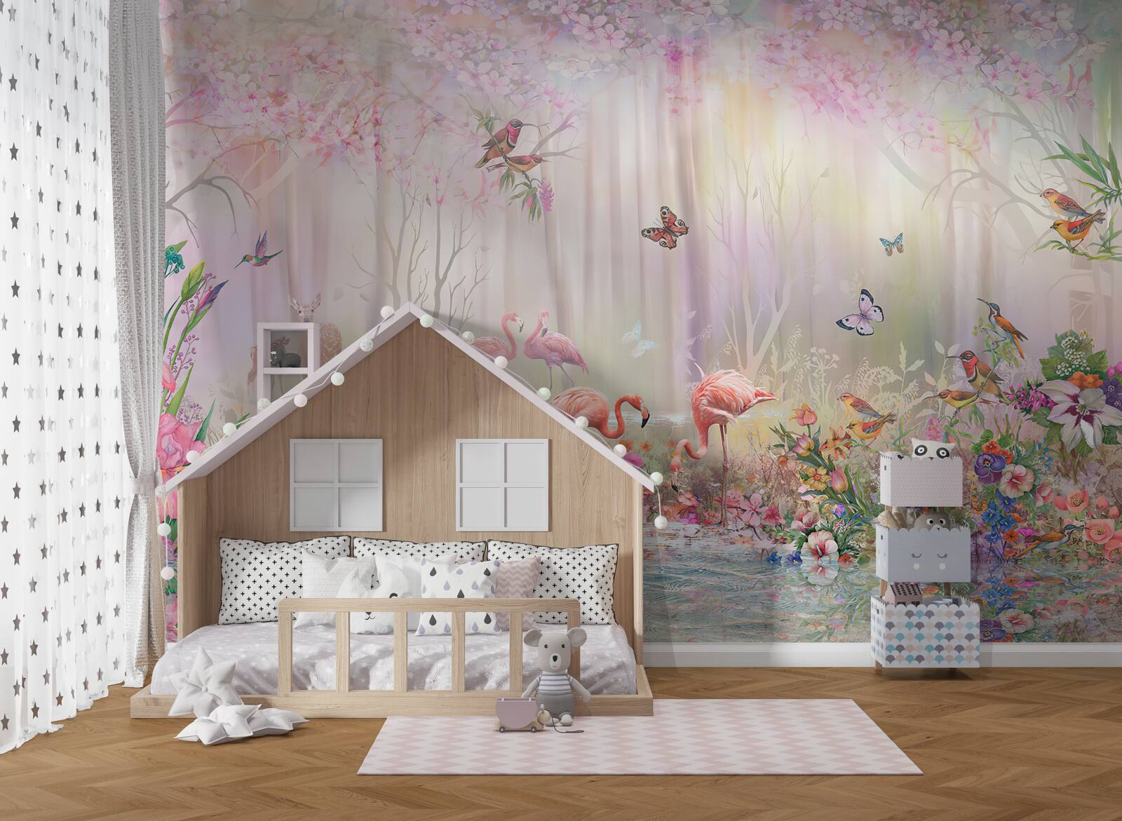 Фотошпалери фламінго та інші птахи в туманному лісі