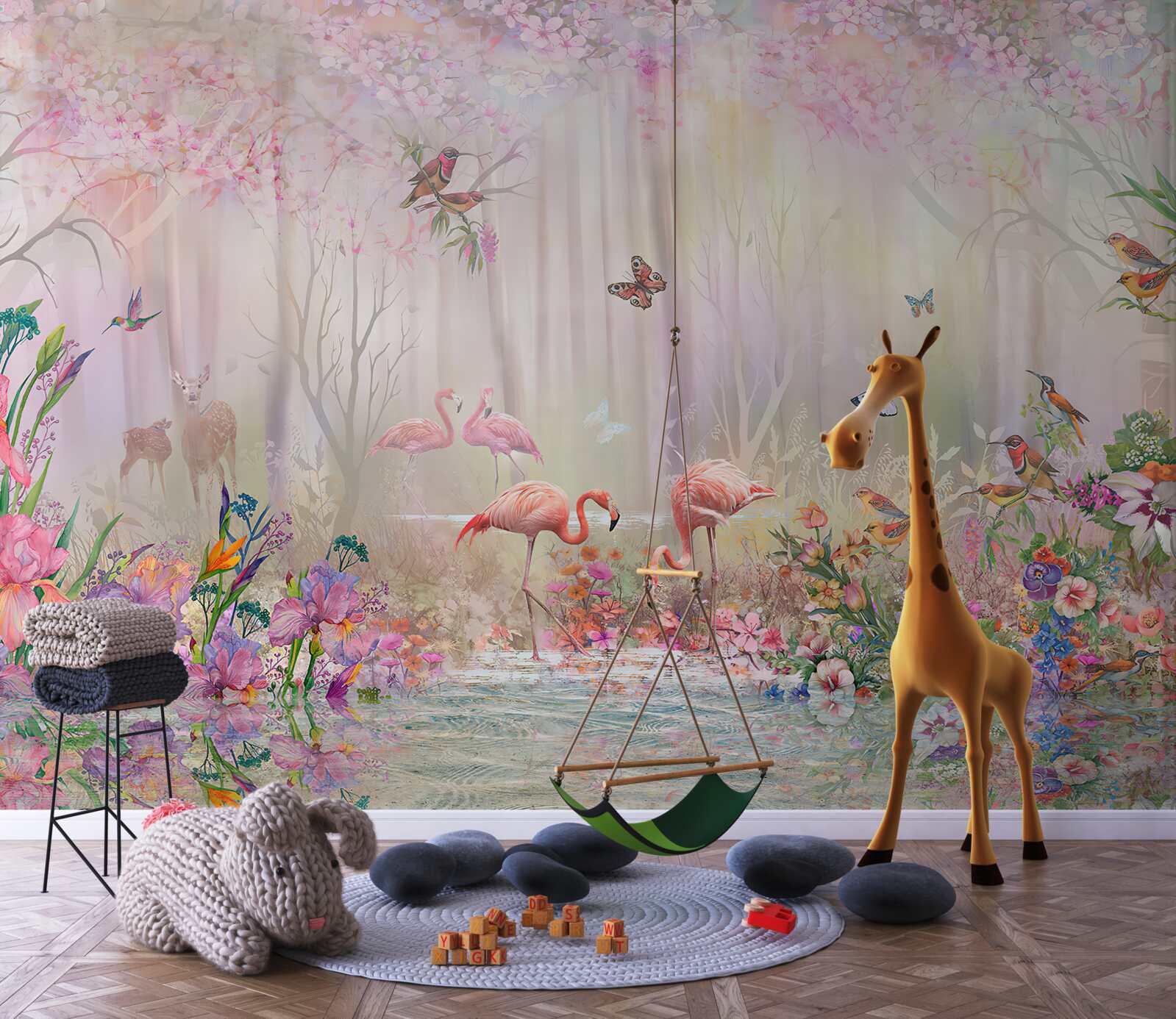 Фотошпалери фламінго та інші птахи в туманному лісі