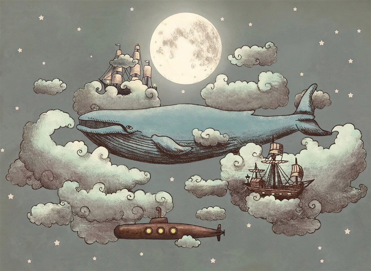 Фотошпалери кашалот і плавучий корабель пливуть у хмарах