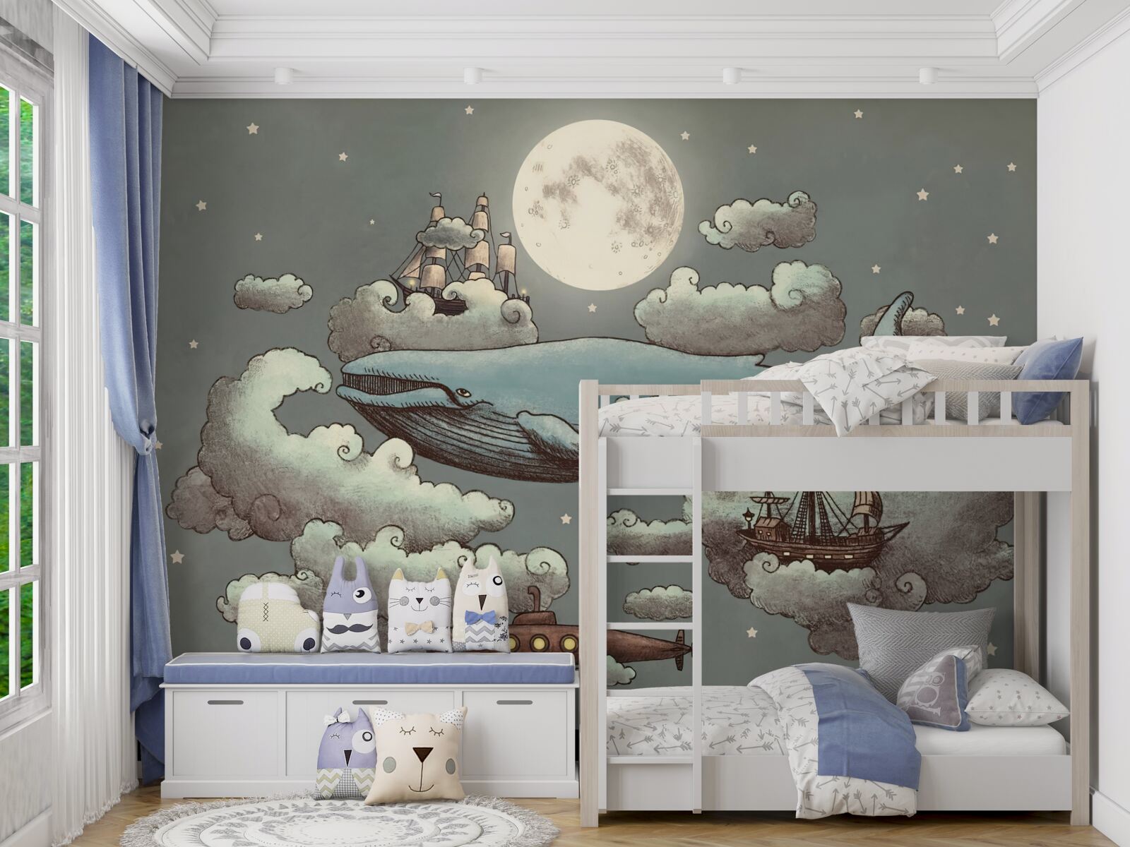 Фотошпалери кашалот і плавучий корабель пливуть у хмарах