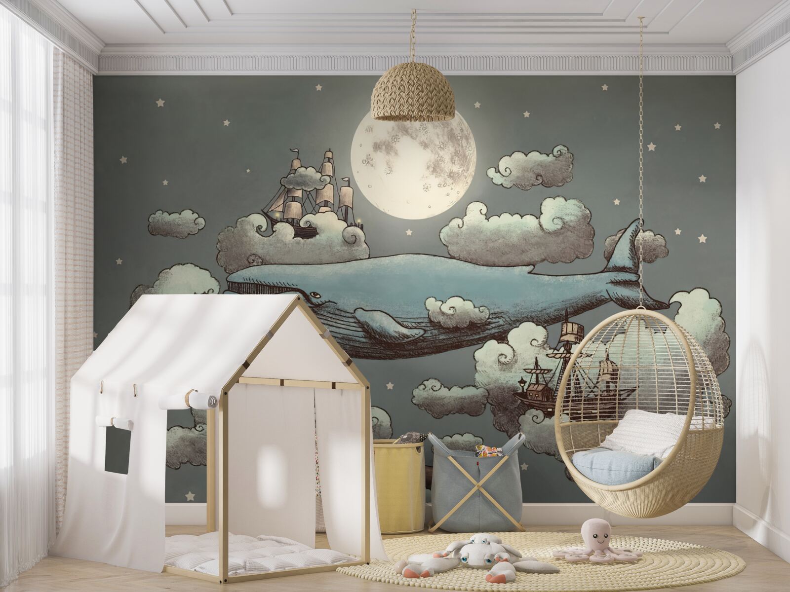 Фотошпалери кашалот і плавучий корабель пливуть у хмарах