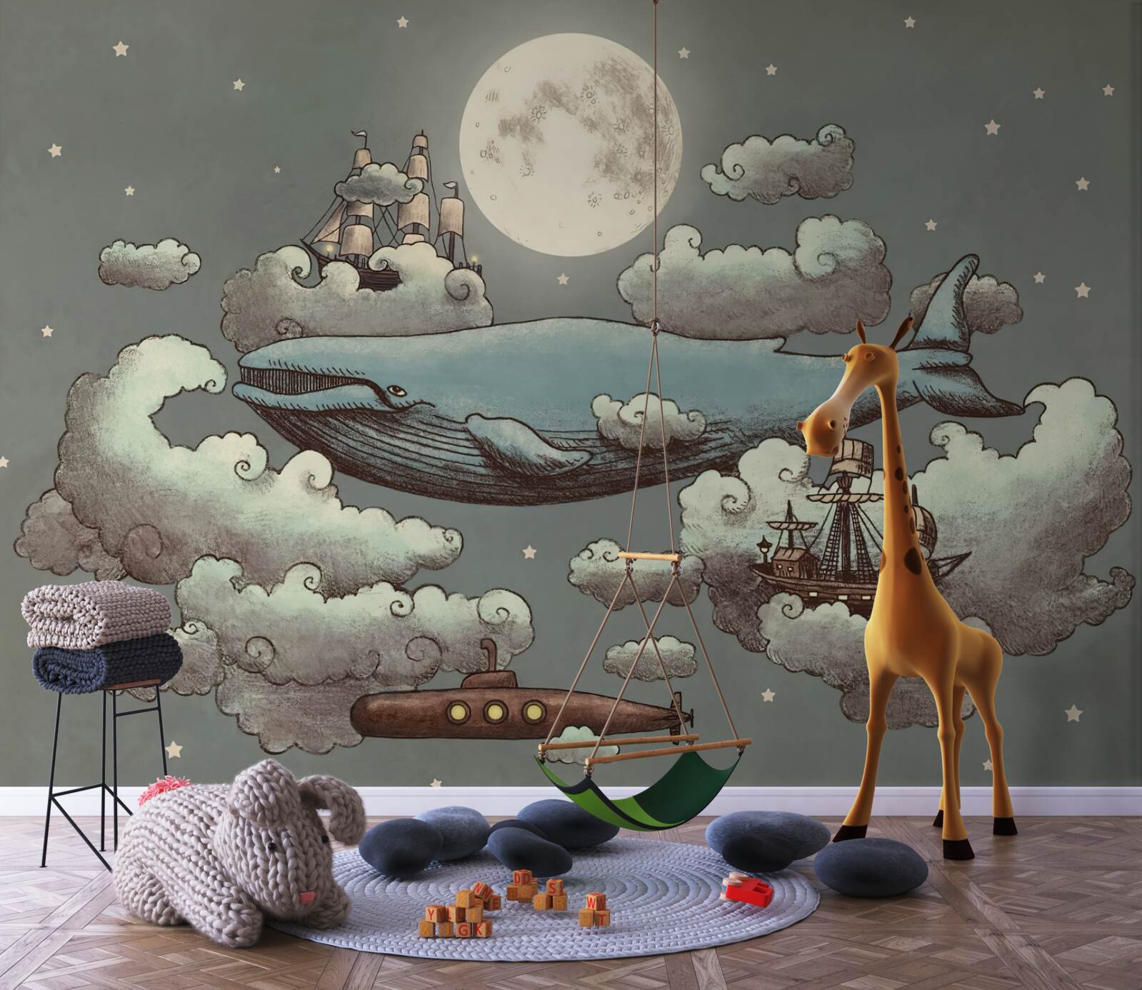 Фотошпалери кашалот і плавучий корабель пливуть у хмарах