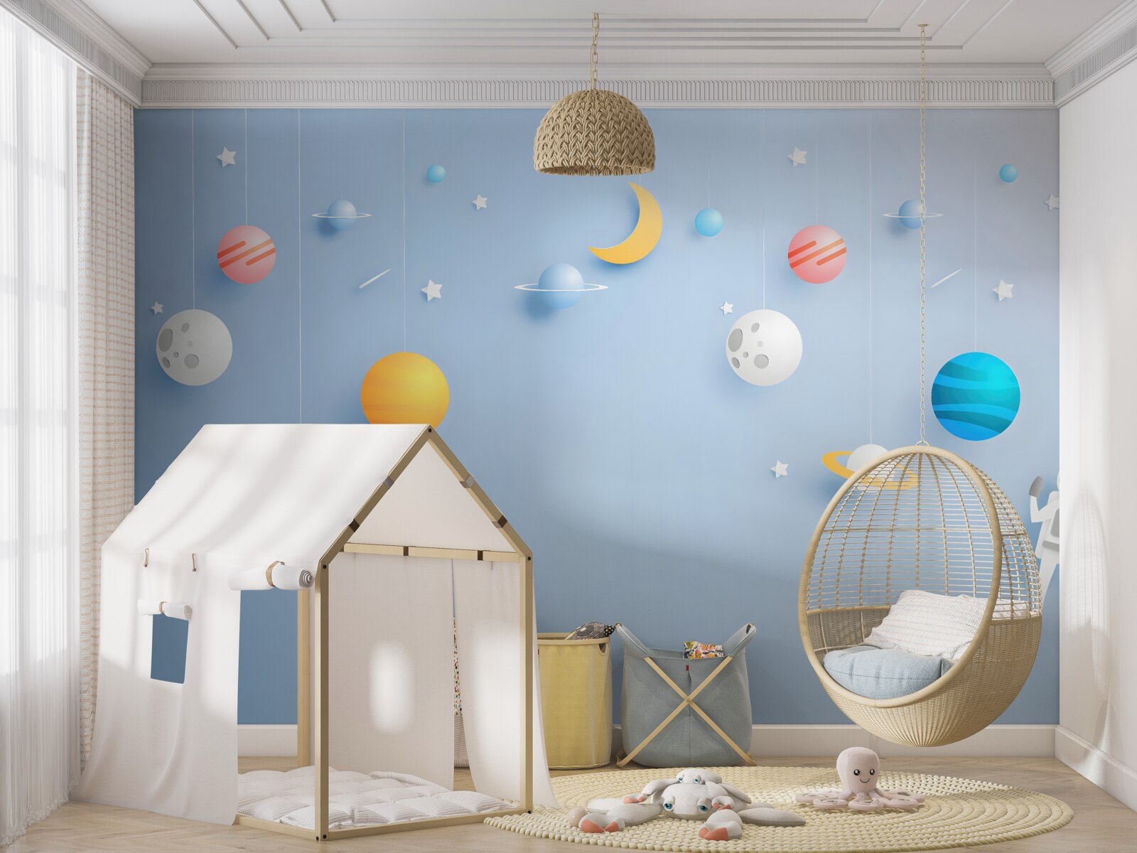 Фотошпалери астронавт в оточенні планет