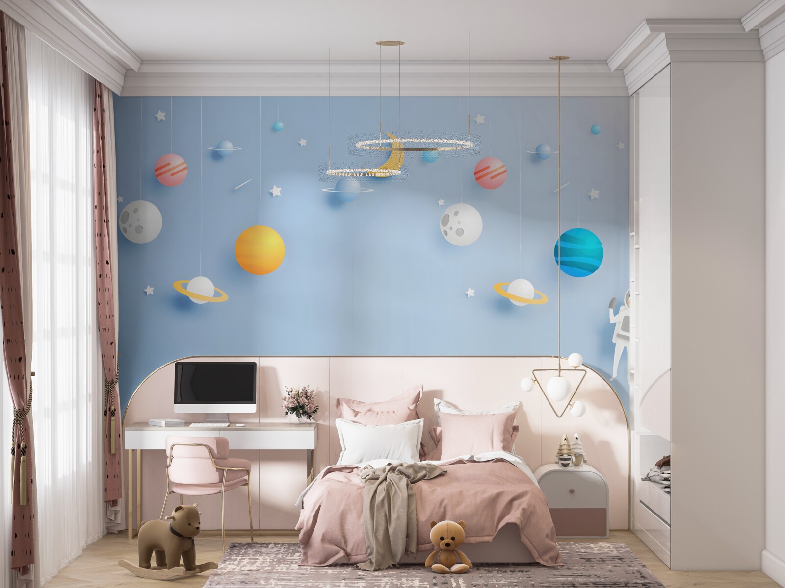 Фотошпалери астронавт в оточенні планет