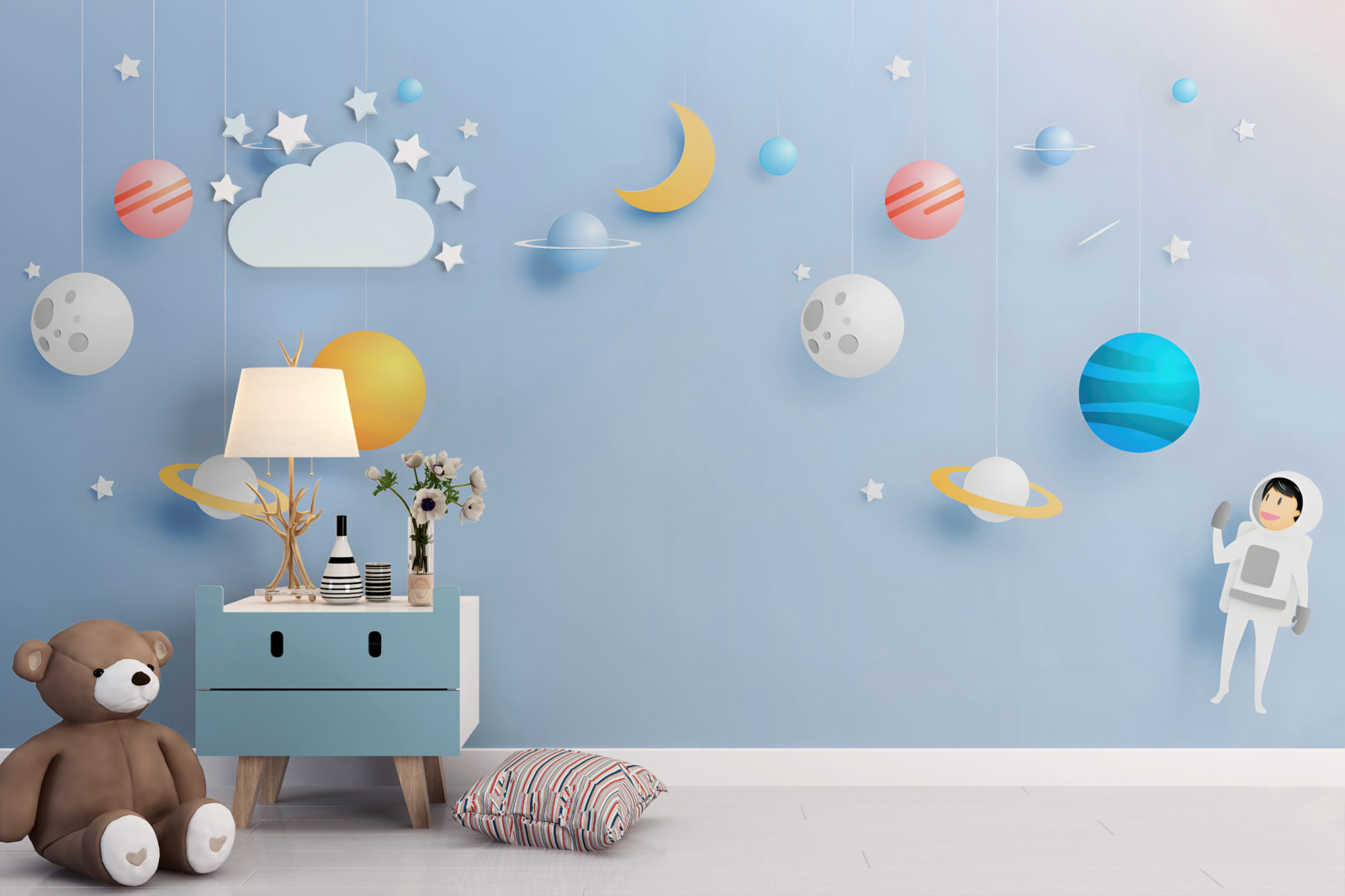 Фотошпалери астронавт в оточенні планет