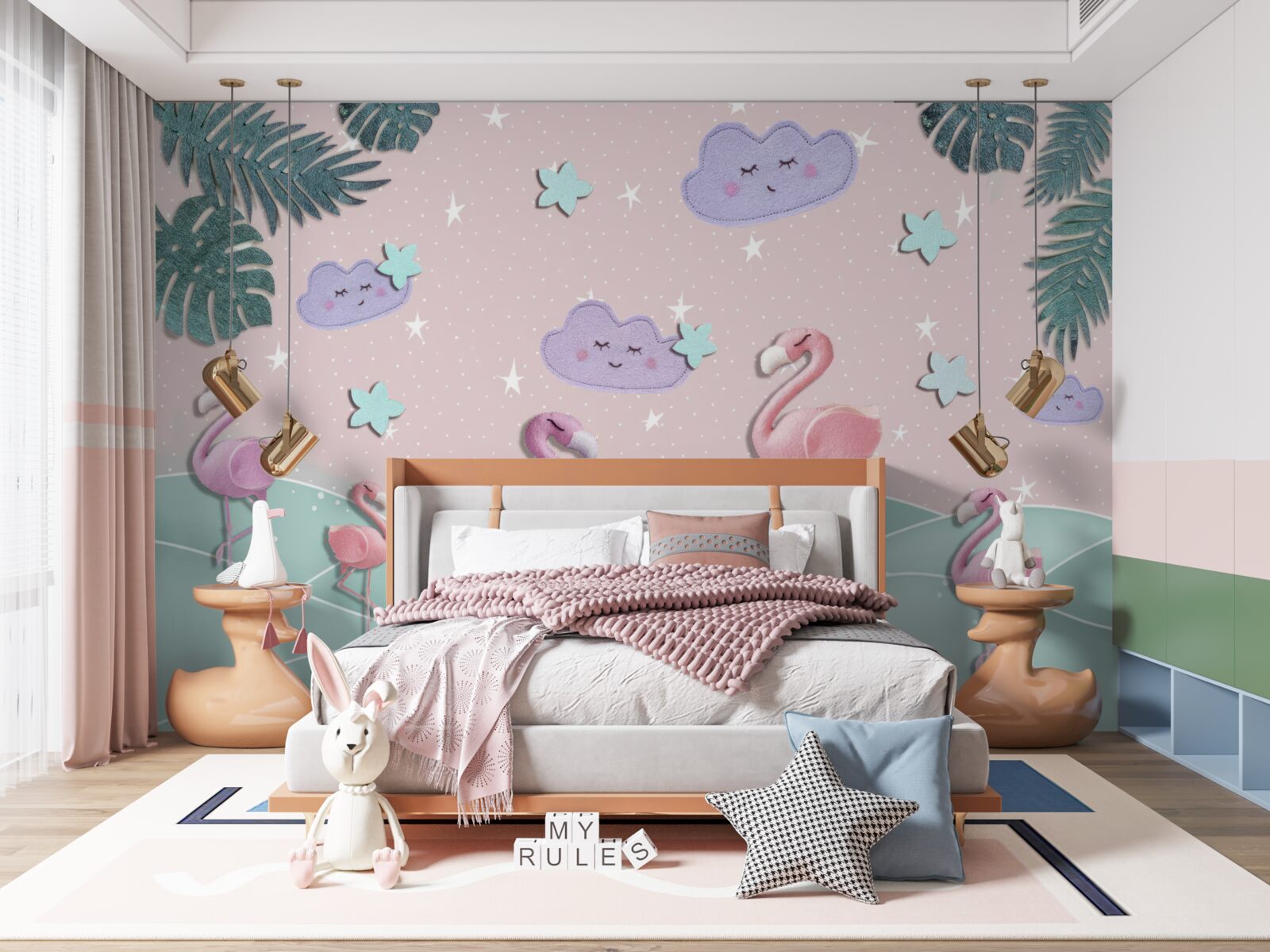 Фотошпалери рожеві фламінго балансують на одній нозі