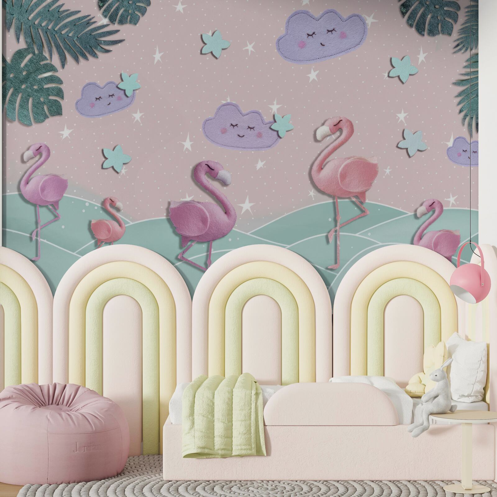 Фотошпалери рожеві фламінго балансують на одній нозі