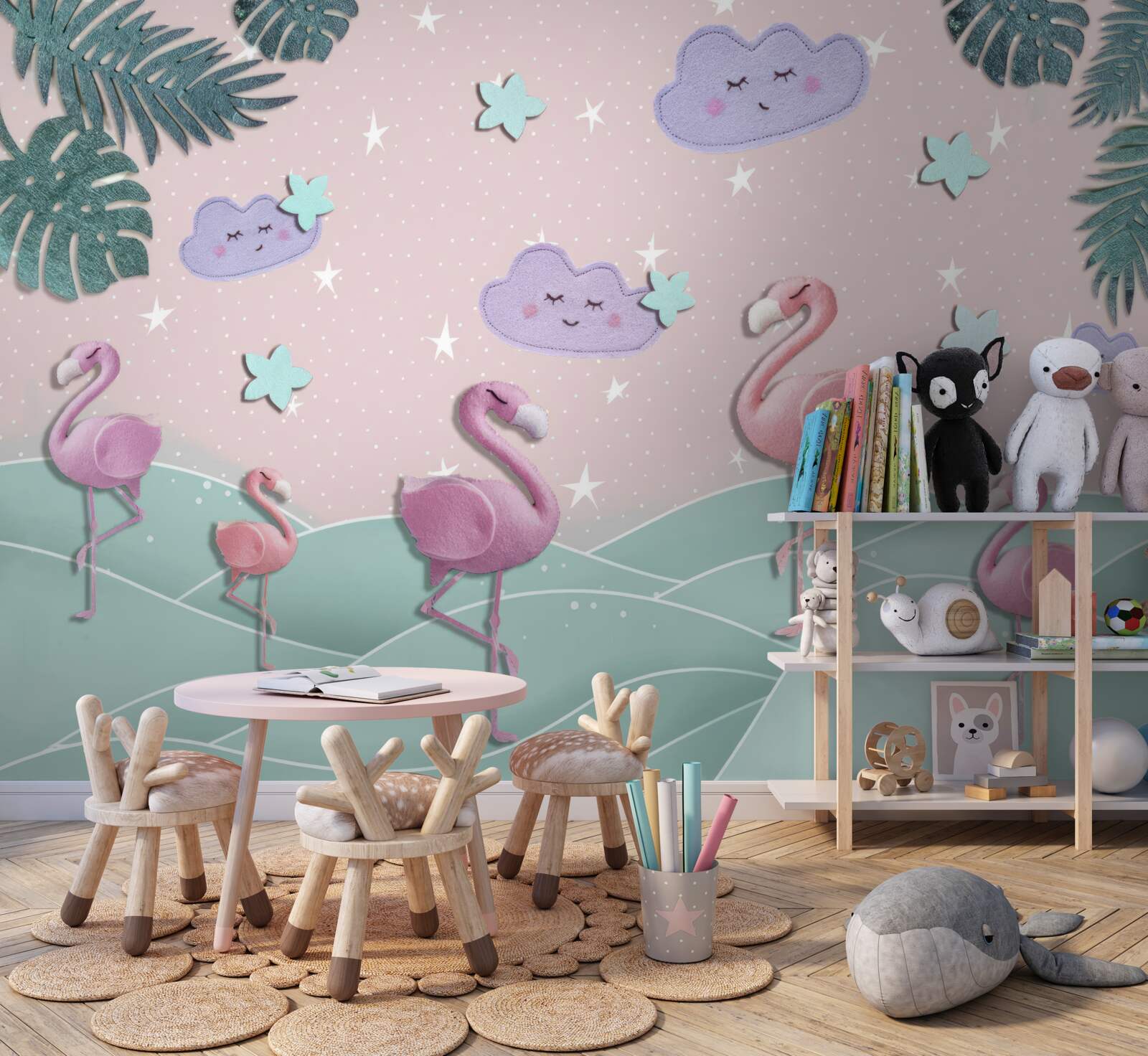 Фотошпалери рожеві фламінго балансують на одній нозі