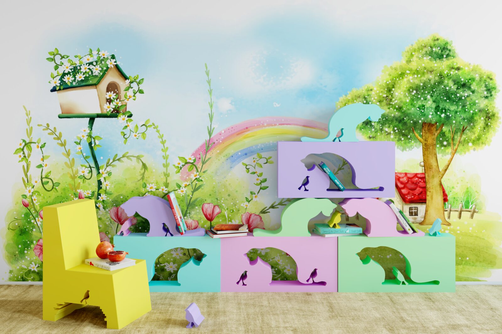 Фотошпалери галявина, будиночок і різнокольорова арка